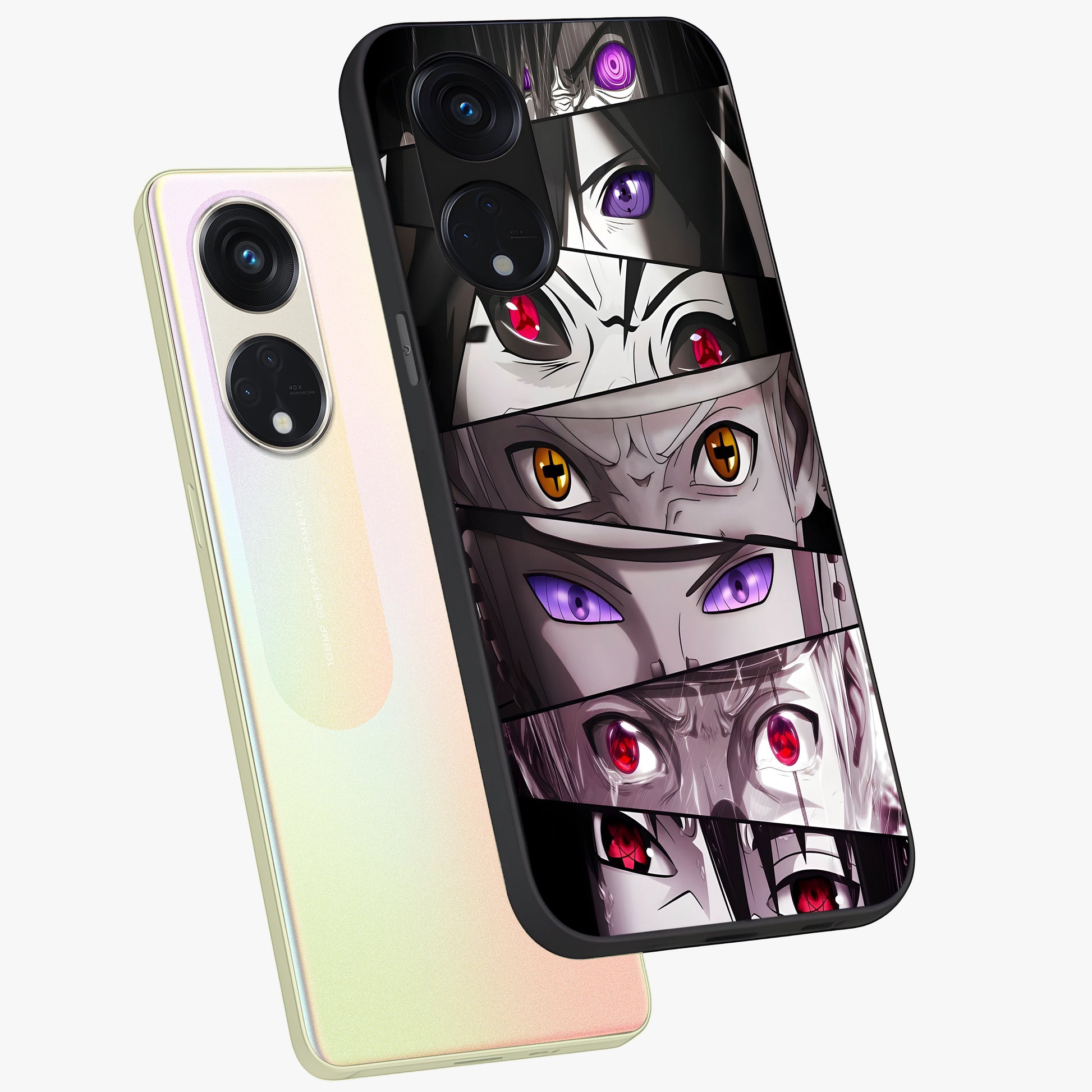 Eyes of Destiny Glass Case displayed in angled mockup highlighting bold eye illustration with mystical aesthetic style.