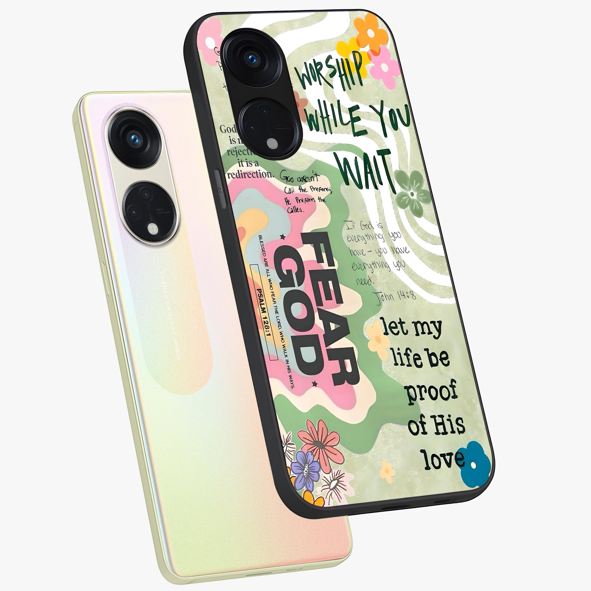 Faith Over Fear Glass Case displayed in angled mockup highlighting inspirational message design with modern aesthetic style.