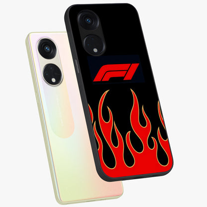 Fire F11 Glass Case displayed in angled mockup highlighting bold fire inspired graphic with energetic aesthetic style.