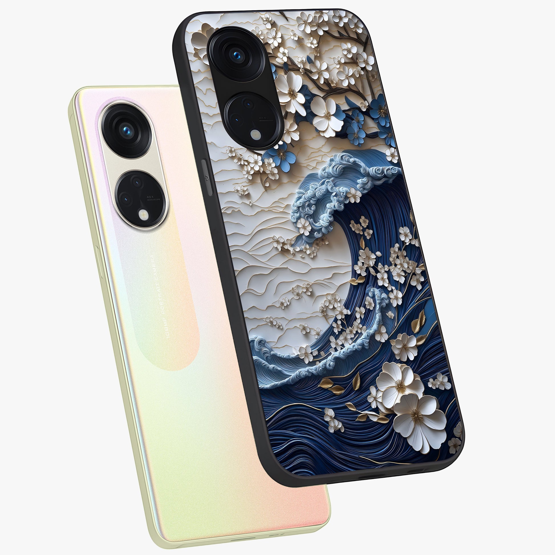 Floral Wave Origami Glass Case displayed in angled mockup highlighting geometric origami flower design with modern aesthetic style.