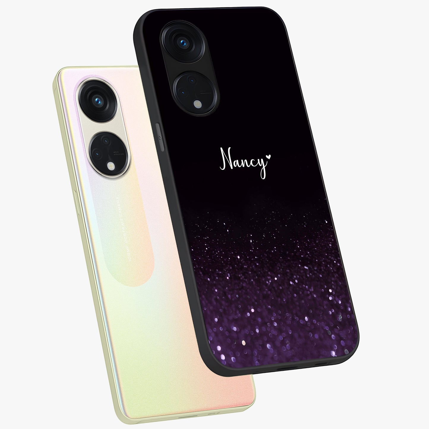 Glittery Purple Bokeh Custom Name Glass Case displayed in angled mockup highlighting glitter bokeh pattern with custom name feature.