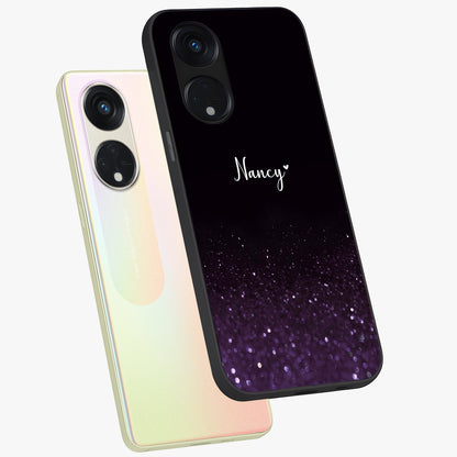 Glittery Purple Bokeh Custom Name Glass Case displayed in angled mockup highlighting glitter bokeh pattern with custom name feature.