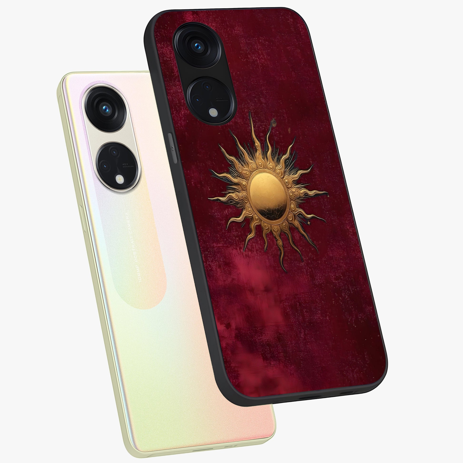Golden Sun Minimalism Glass Case displayed in angled mockup highlighting clean sun symbol design with modern minimal aesthetic.