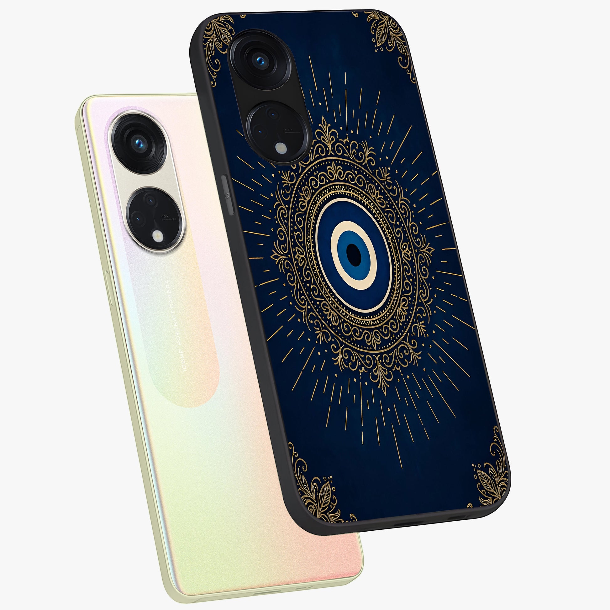 Golden Celestial Charm Glass Case displayed in angled mockup highlighting sparkling cosmic charm design with celestial aesthetic.