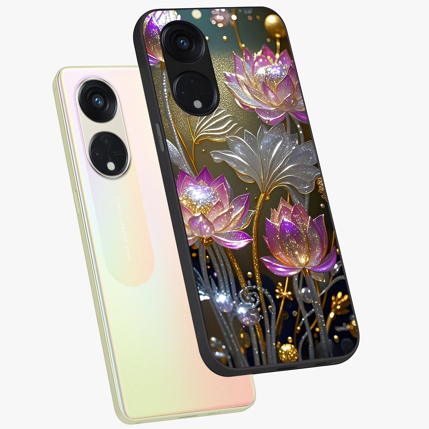 Golden Floral Majesty Glass Case displayed in angled mockup highlighting elegant flower design with royal golden aesthetic.
