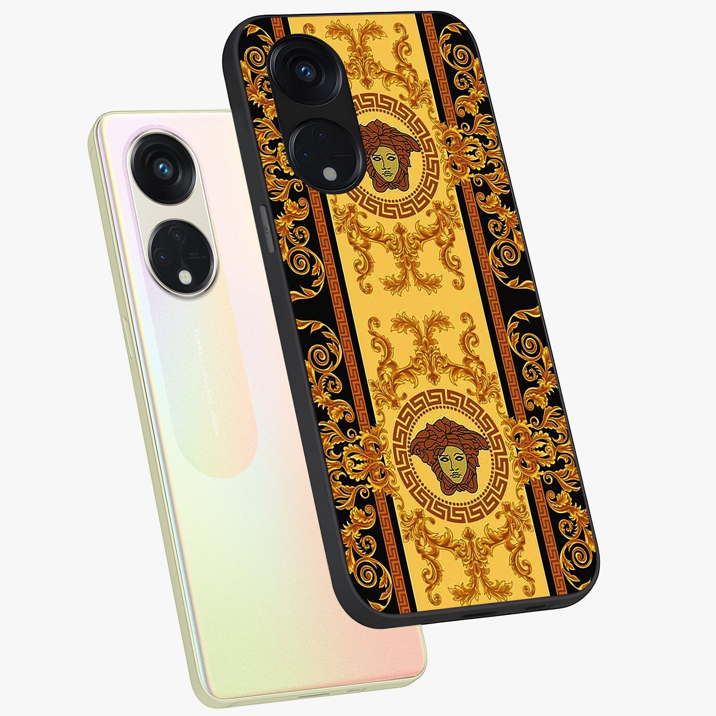 Golden Lotus Glow Glass Case displayed in angled mockup highlighting radiant lotus illustration with spiritual aesthetic.
