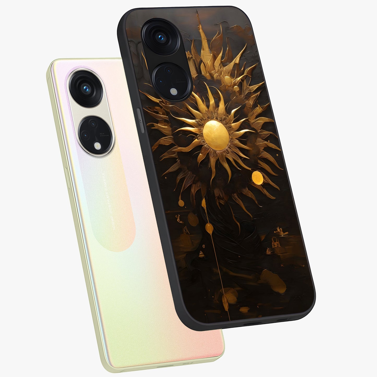 Golden Sun Majesty Glass Case displayed in angled mockup highlighting eerie shadow illustration with gothic aesthetic.