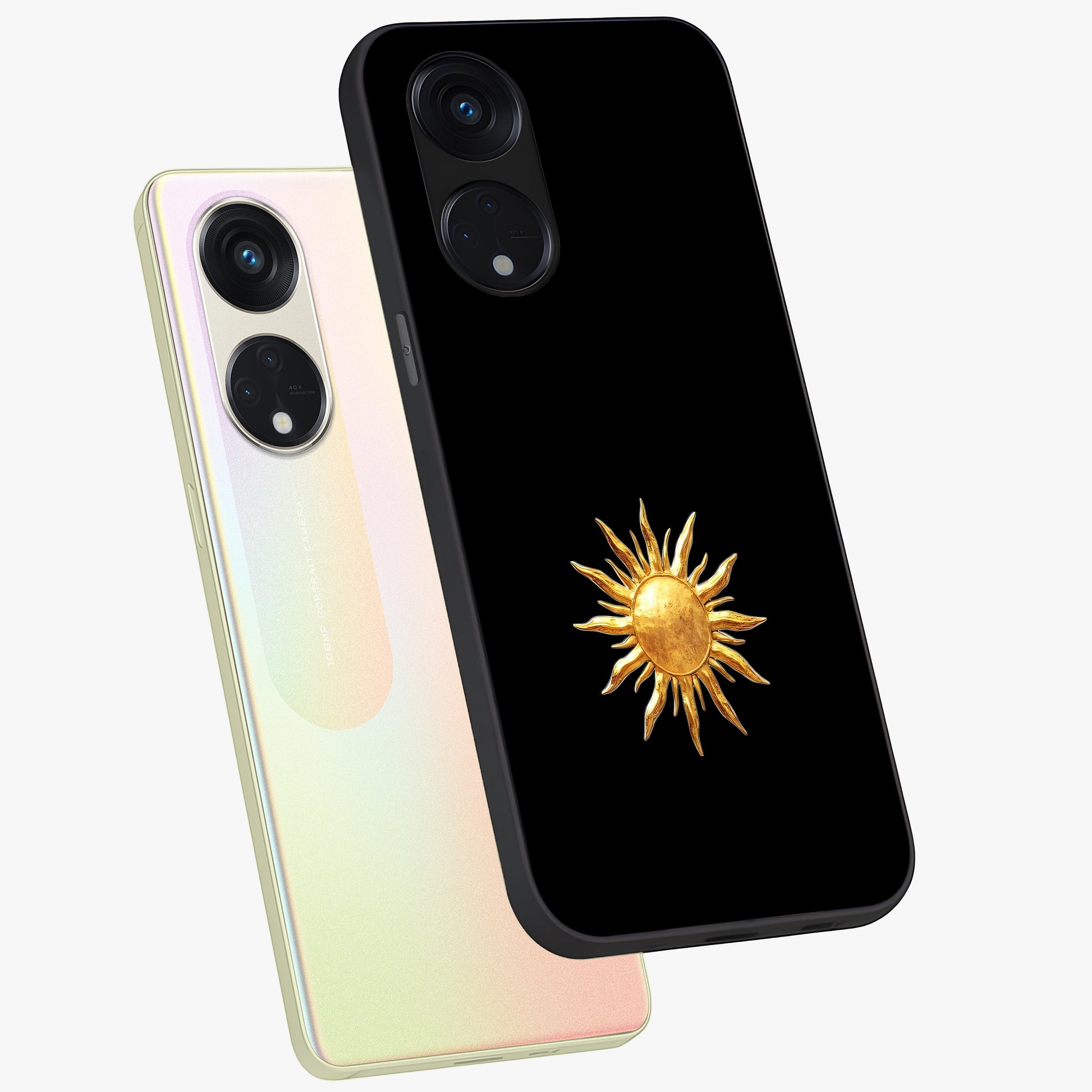 Golden Sun Minimalism Glass Case displayed in angled mockup highlighting eerie shadow illustration with gothic aesthetic.