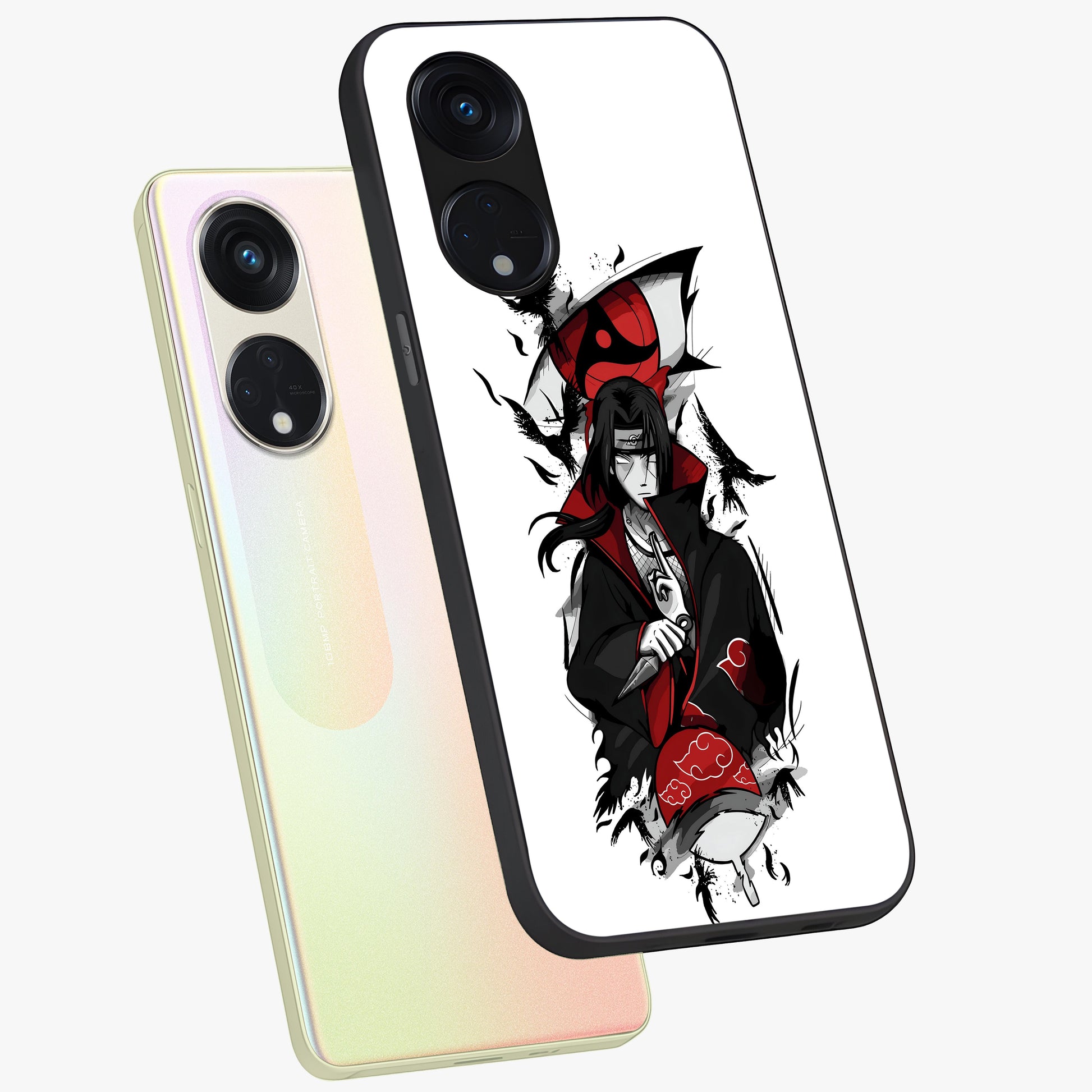 Itachi Limited Edition Naruto Anime Glass Case displayed in angled mockup highlighting dramatic anime illustration with bold action aesthetic.