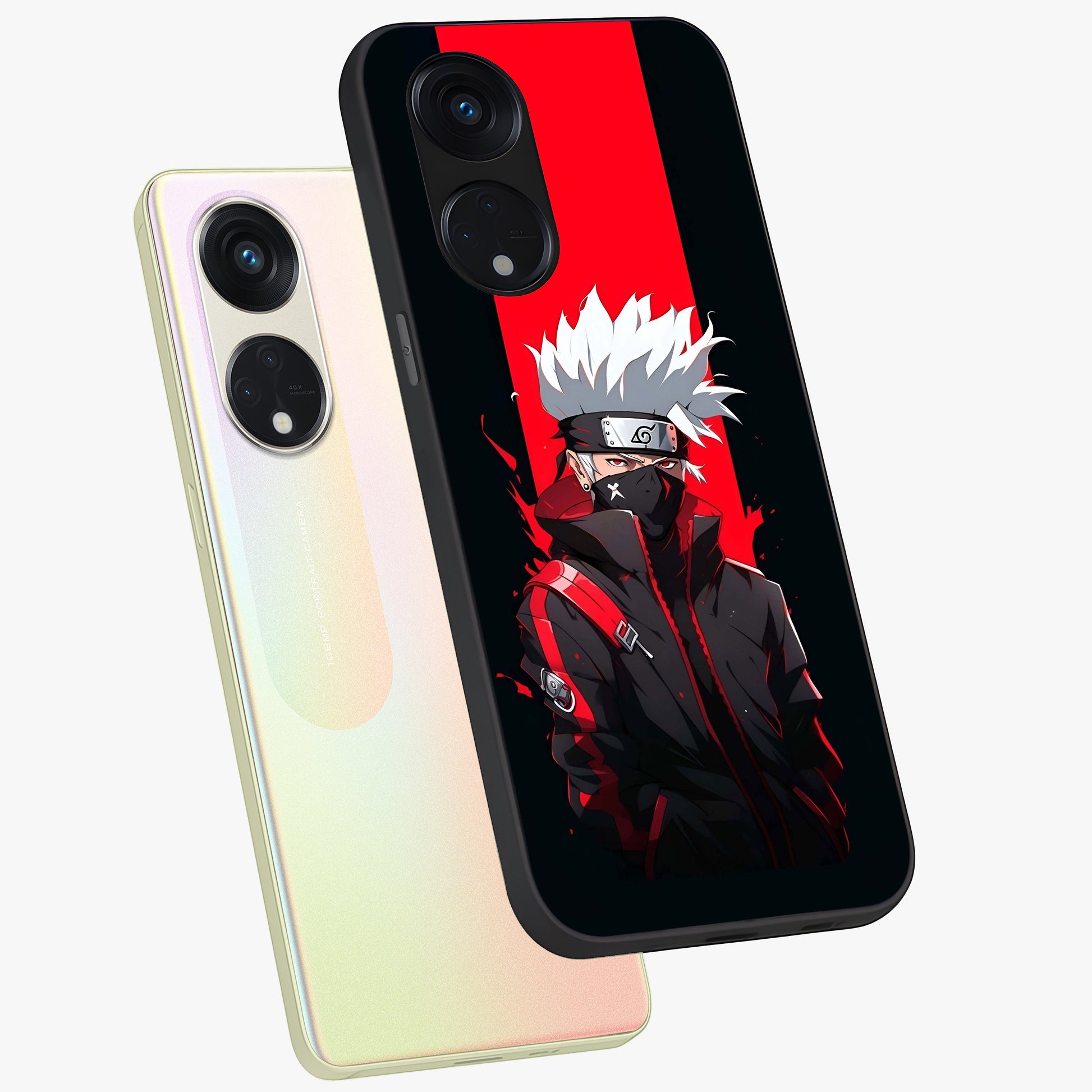 Kakashi Scarlet Shadow Glass Case displayed in angled mockup highlighting dramatic ninja illustration with scarlet themed aesthetic.