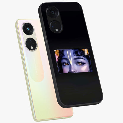 Krishna Divine Embrace Glass Case displayed in angled mockup highlighting divine Krishna illustration with spiritual aesthetic.