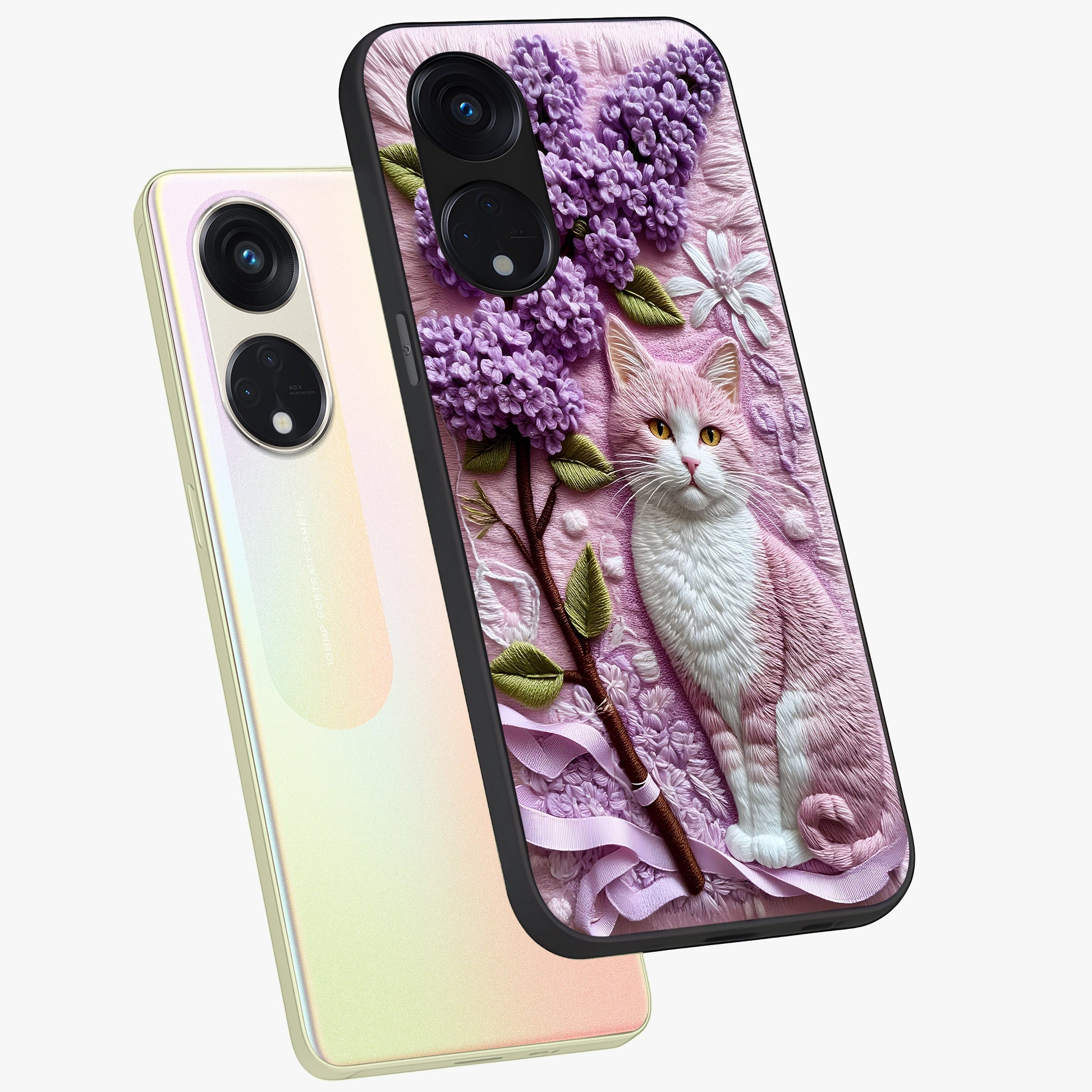 Lavender Cat Whimsy Glass Case displayed in angled mockup highlighting playful feline illustration with pastel lavender aesthetic.
