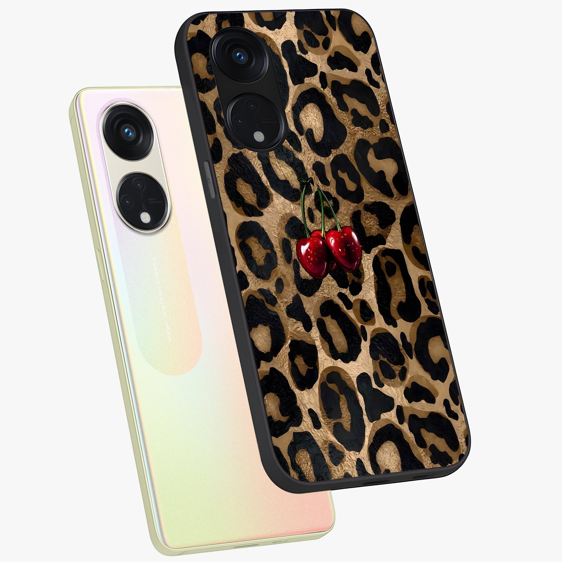 Leopard Wild Cherry Glass Case displayed in angled mockup highlighting bold animal print design with playful cherry aesthetic.