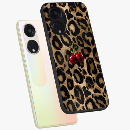 Leopard Wild Cherry Glass Case displayed in angled mockup highlighting bold animal print design with playful cherry aesthetic.