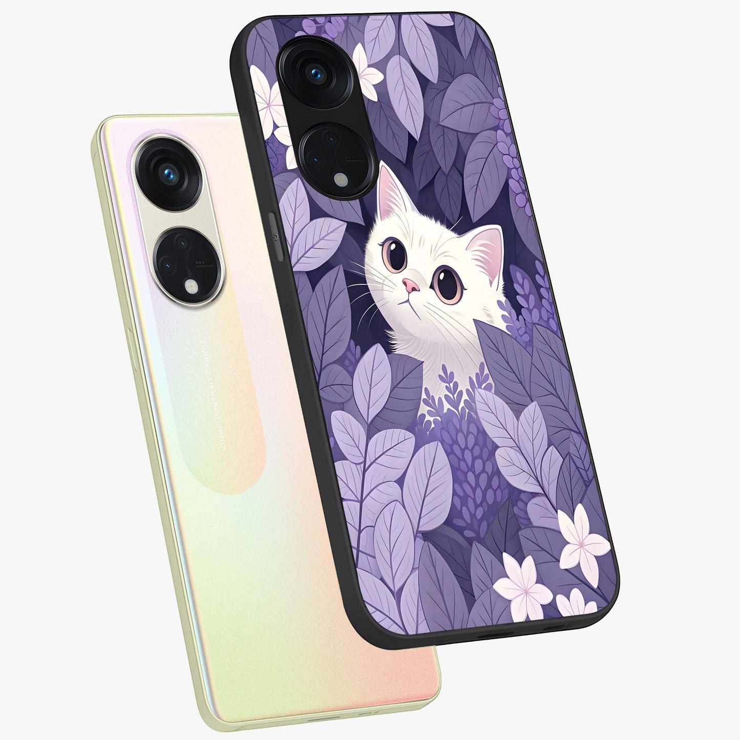 Lilac Hide Peek Cat Glass Case displayed in angled mockup highlighting playful feline illustration with lilac aesthetic design.