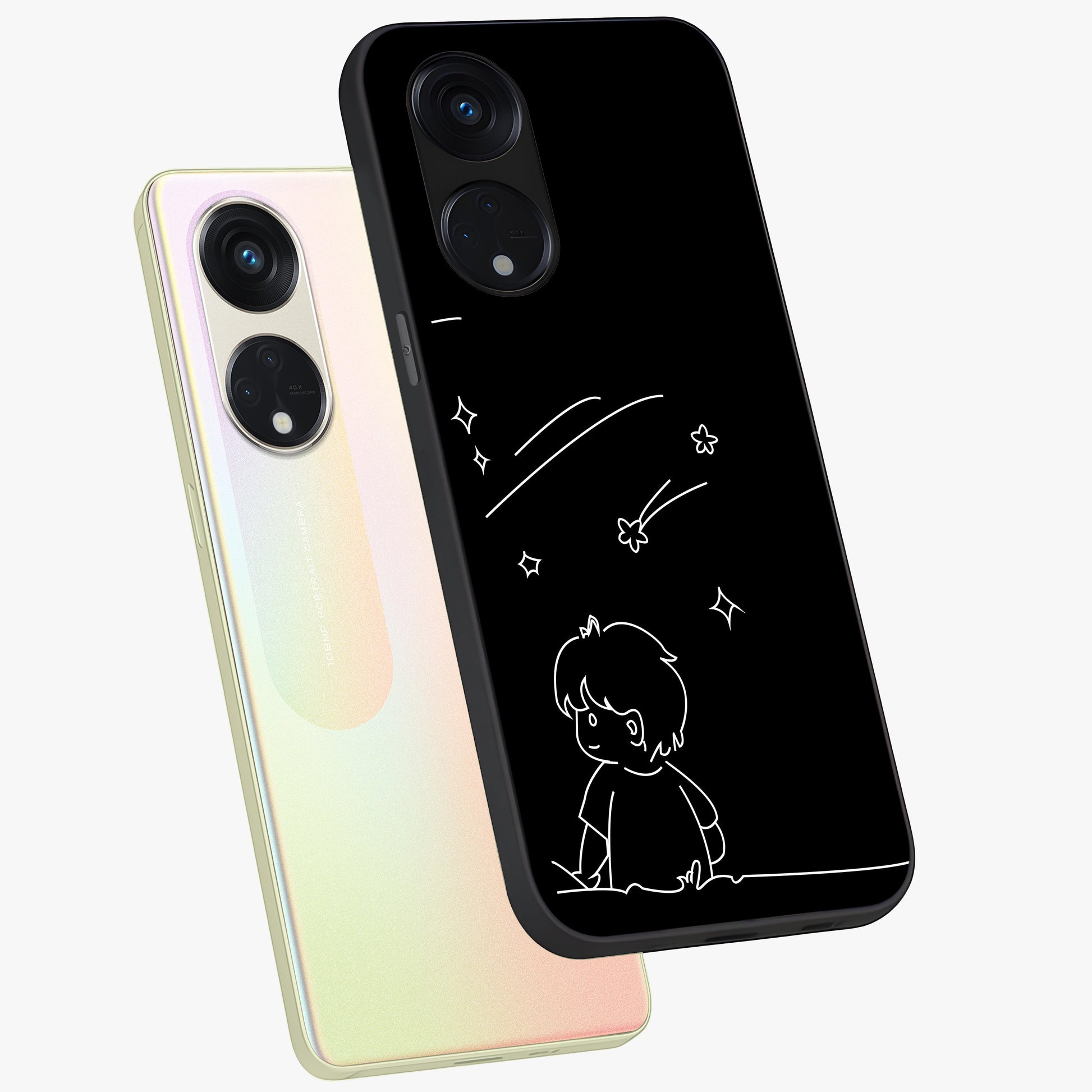 Line Art Boy With Shooting Stars Glass Case displayed in angled mockup highlighting elegant line art design with dreamy star aesthetic.