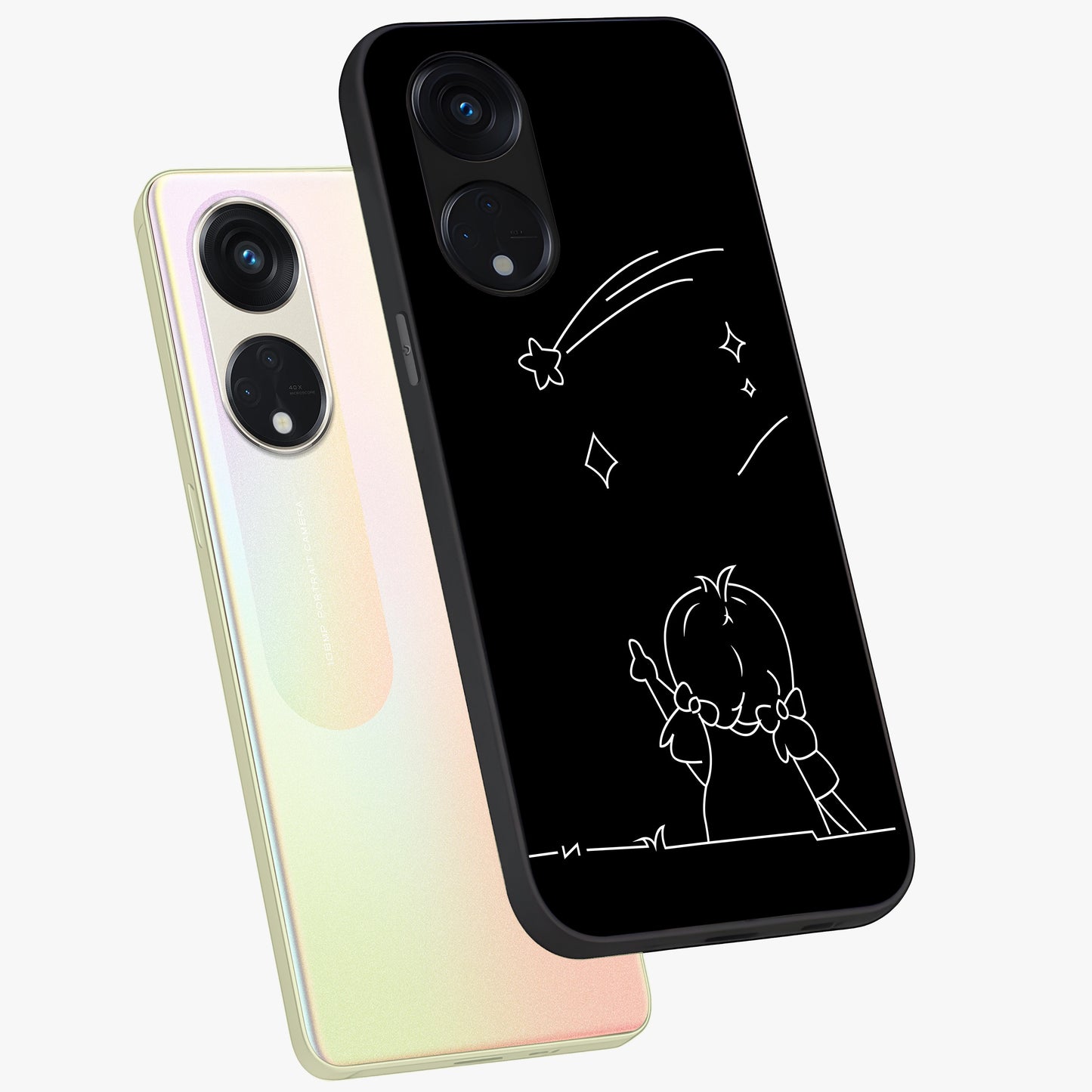 Line Art Girl With Shooting Stars Glass Case displayed in angled mockup highlighting elegant line art design with dreamy star aesthetic.