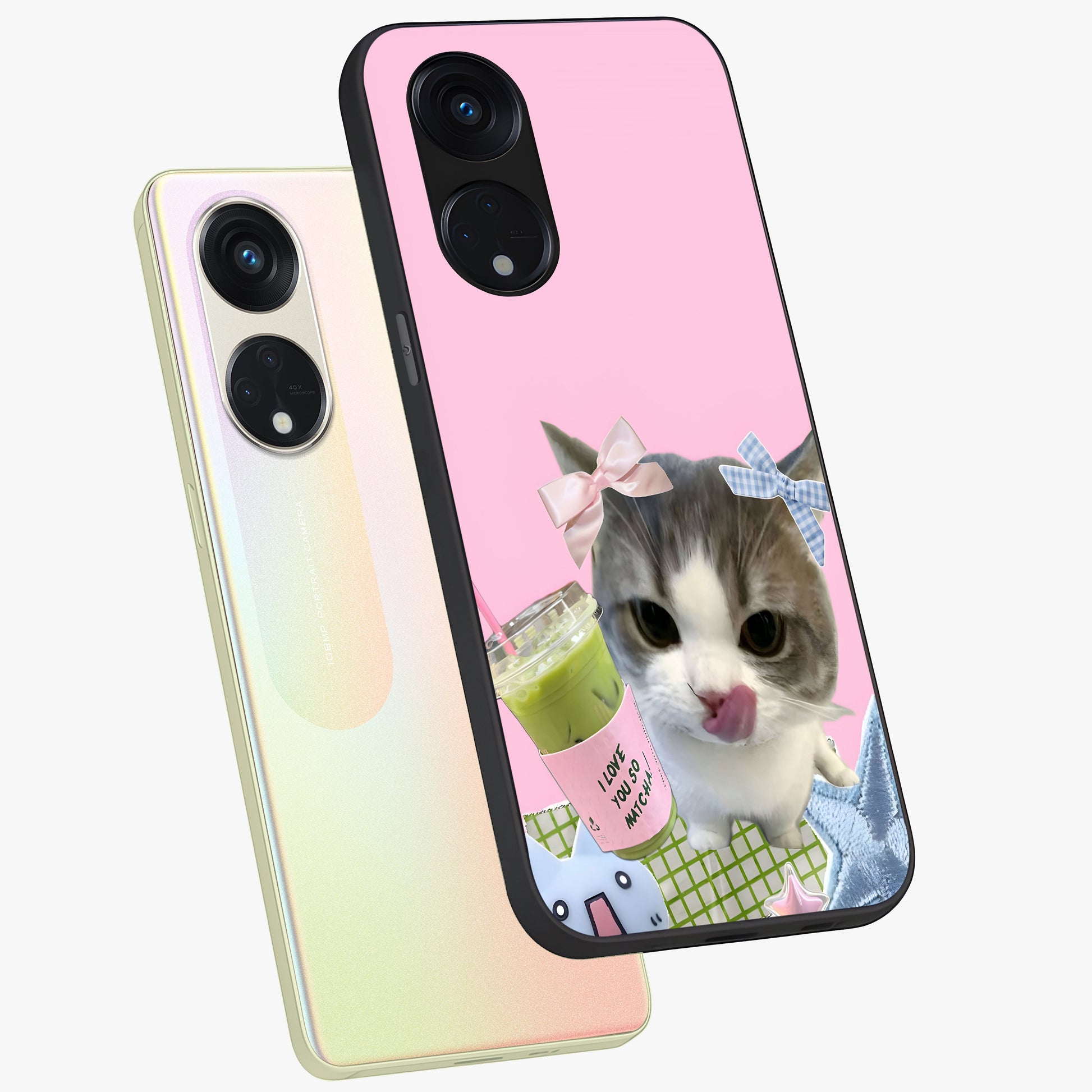 Love Matcha Cat Glass Case displayed in angled mockup highlighting playful feline illustration with cozy matcha aesthetic.
