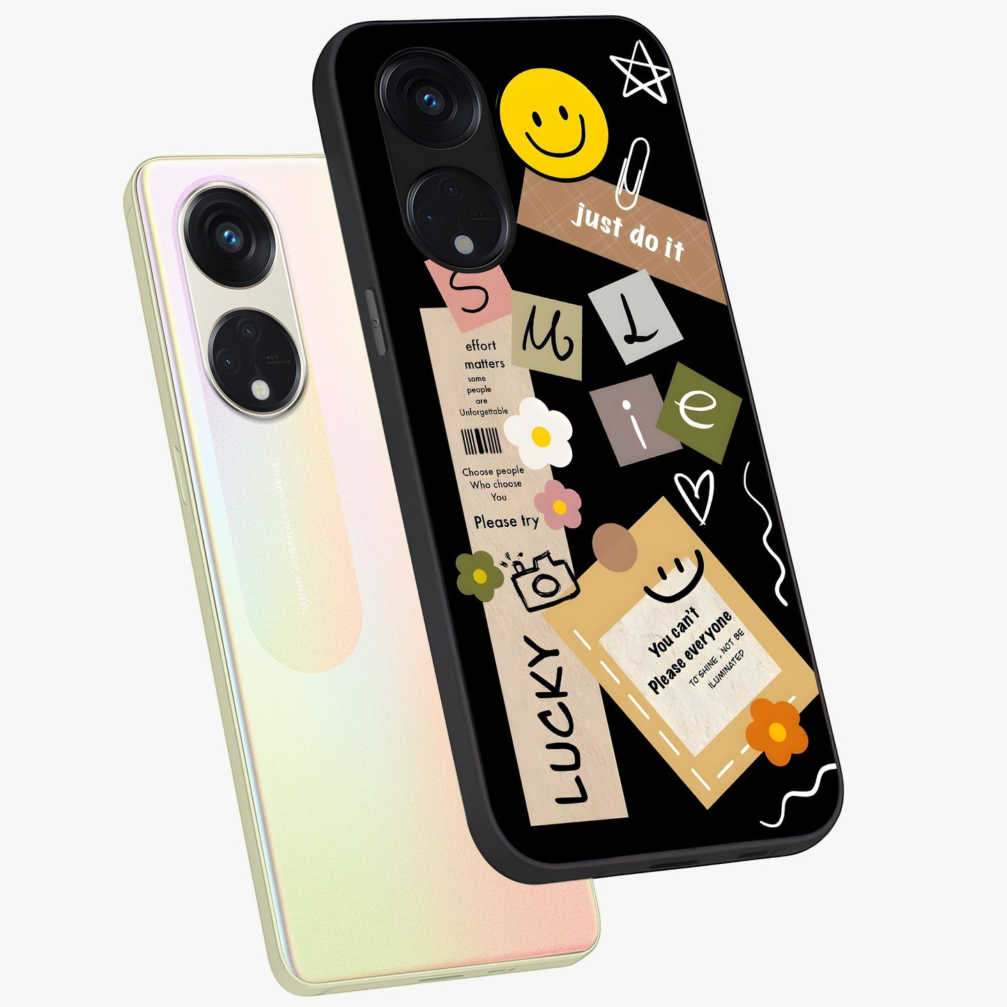 Lucky Aesthetic Collage Glass Case displayed in angled mockup highlighting stylish collage pattern with modern aesthetic vibe.