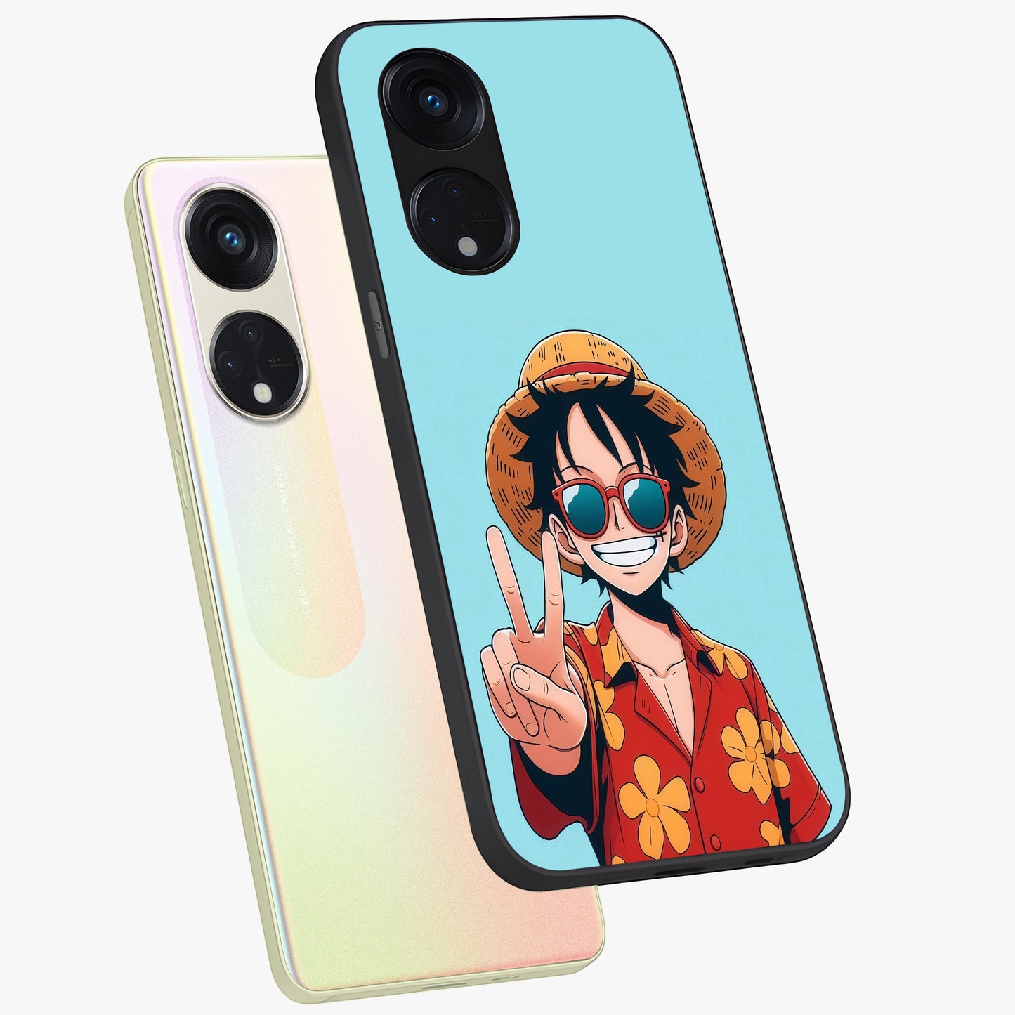 Luffy Summer Anime Vibe Glass Case displayed in angled mockup highlighting energetic anime illustration with summer vibe aesthetic.