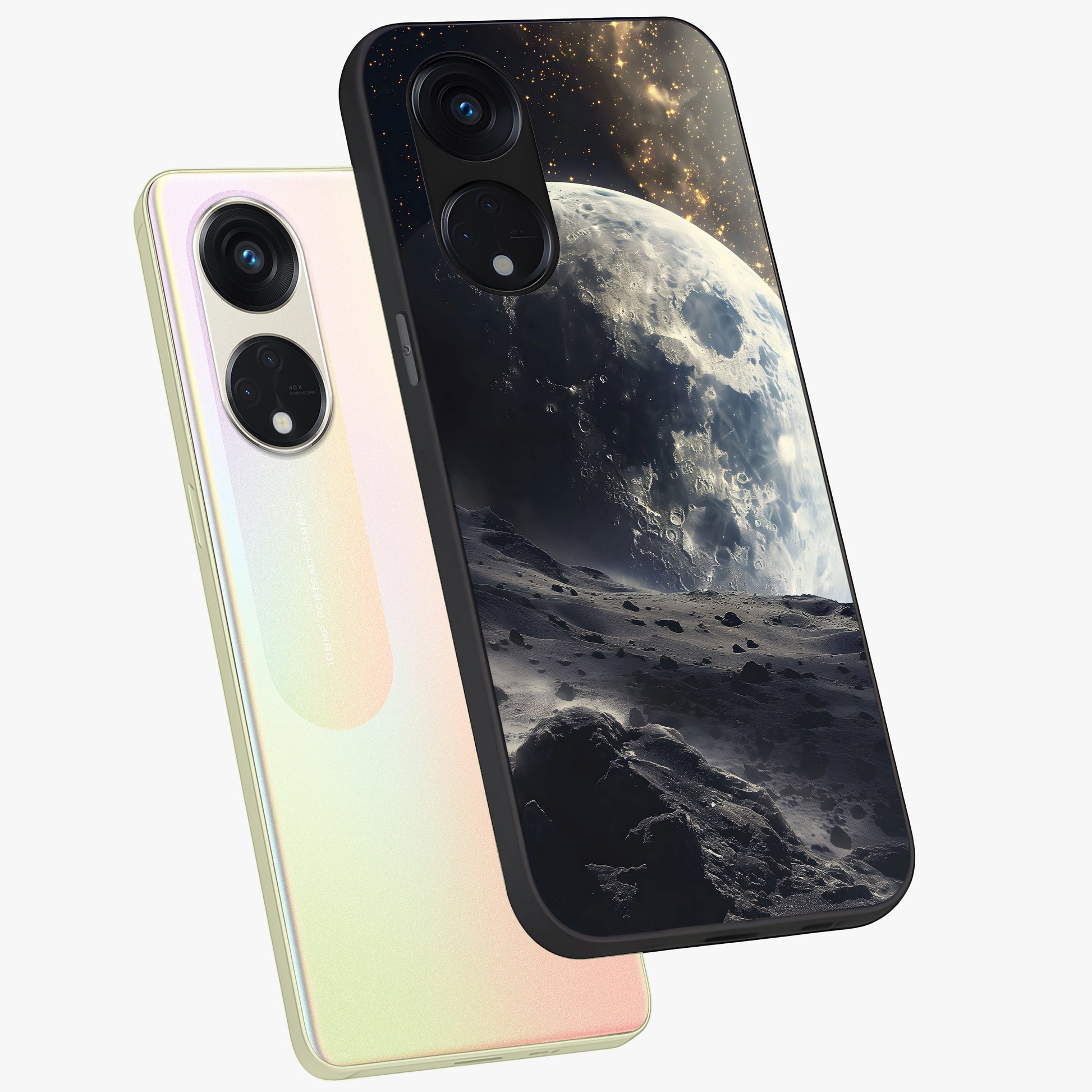Lunar Horizon Glow Glass Case displayed in angled mockup highlighting celestial moon design with dreamy night aesthetic.