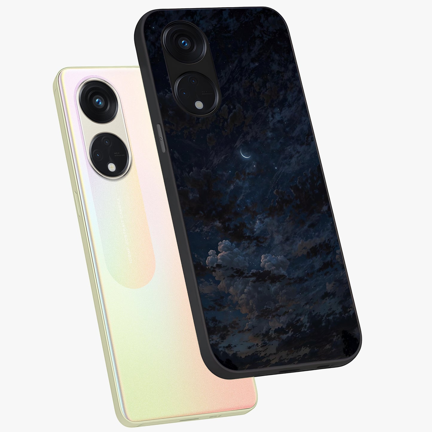 Lunar Veil Silence Glass Case displayed in angled mockup highlighting soft lunar design with peaceful celestial aesthetic.