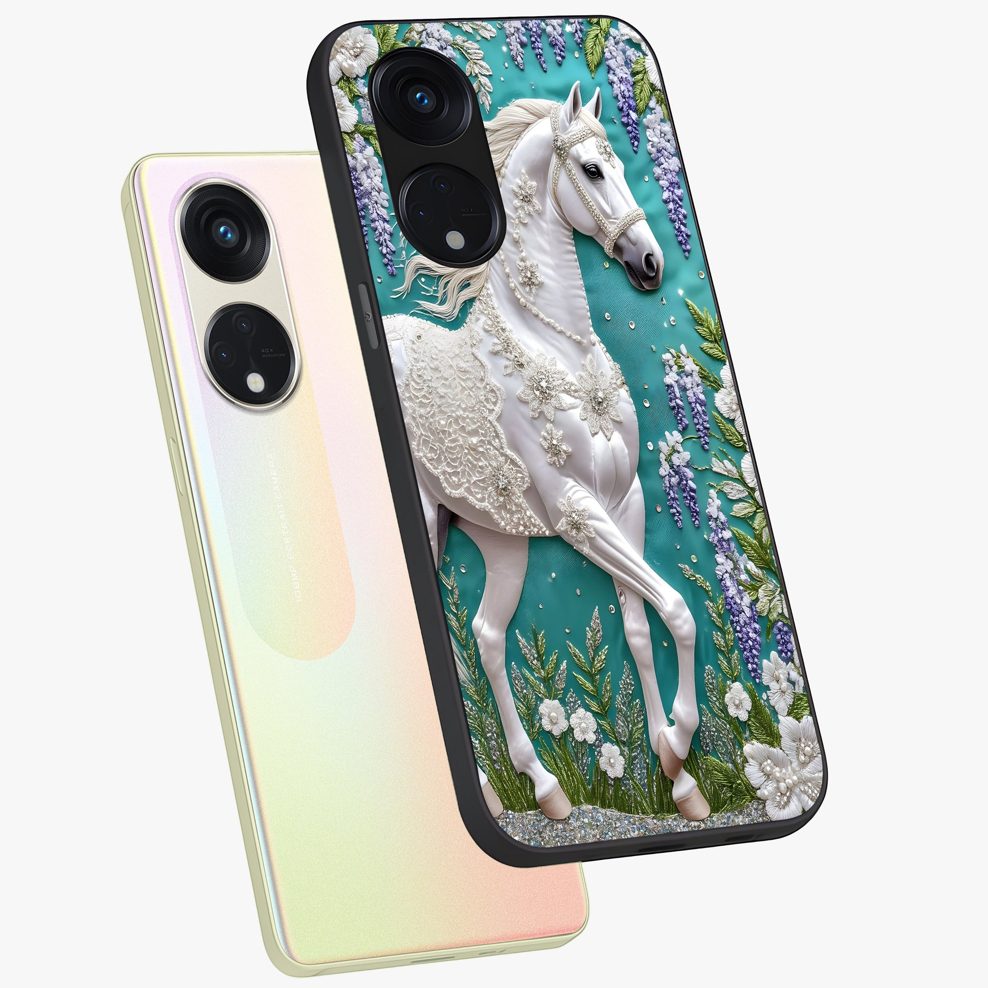 Majestic Floral Stallion Glass Case displayed in angled mockup highlighting majestic stallion illustration with elegant floral aesthetic.