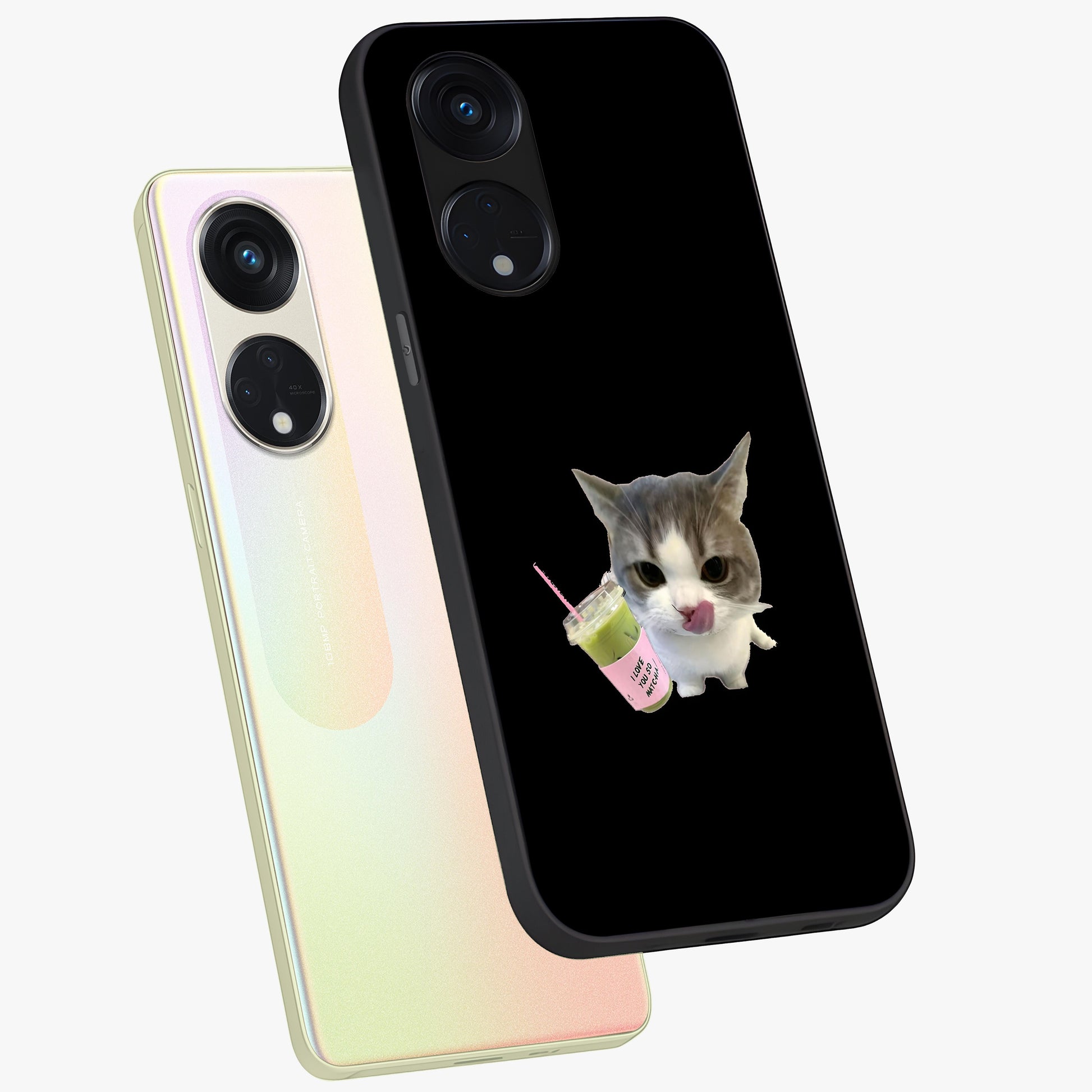 Matcha Cat Style Glass Case displayed in angled mockup highlighting playful feline design with pastel matcha aesthetic.