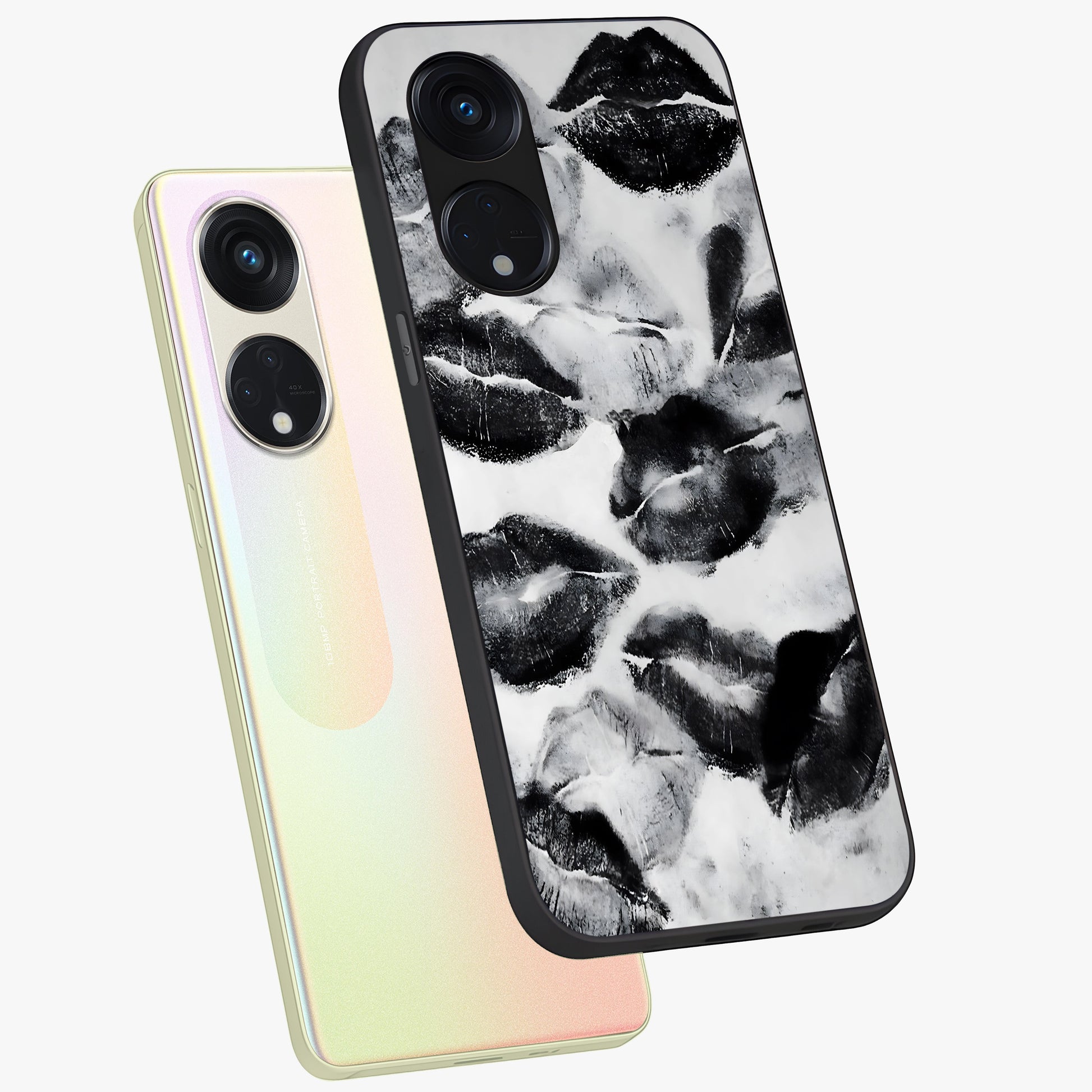 Midnight Kiss Marks Glass Case displayed in angled mockup highlighting playful romantic design with bold midnight aesthetic.
