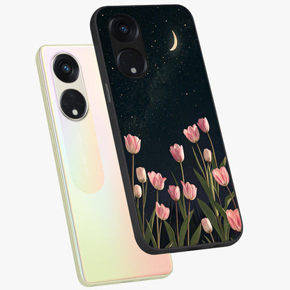 Midnight Tulip Whispers Vibe Glass Case displayed in angled mockup highlighting delicate tulip design with midnight floral aesthetic.
