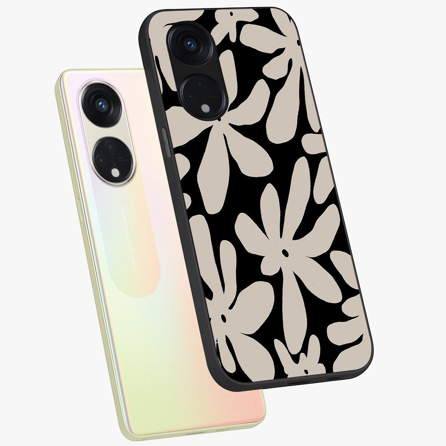 Monochrome Petal Dance Glass Case displayed in angled mockup highlighting elegant petal design with black and white aesthetic.