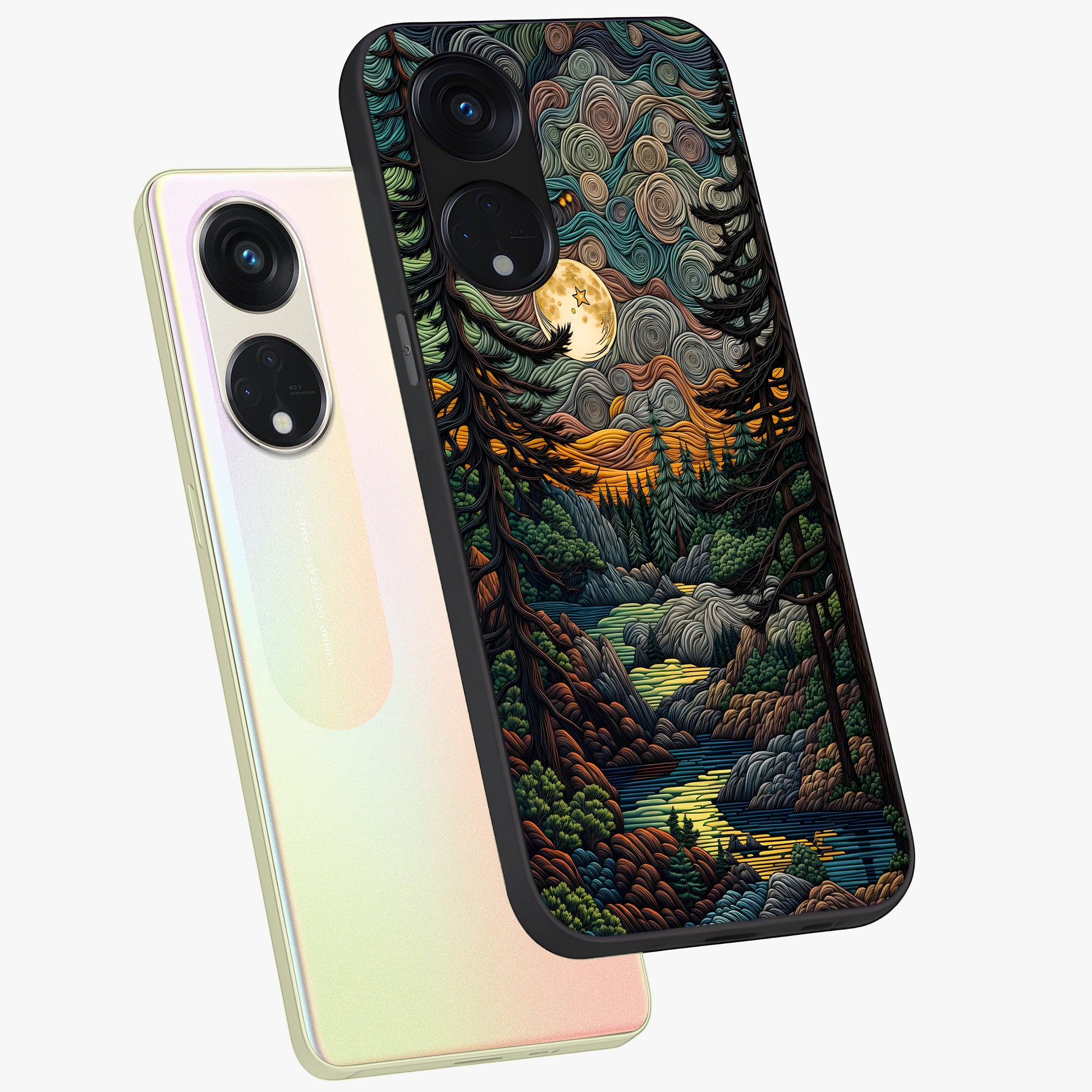 Moonlight Forest Dream Glass Case displayed in angled mockup highlighting dreamy forest design with glowing moon aesthetic.