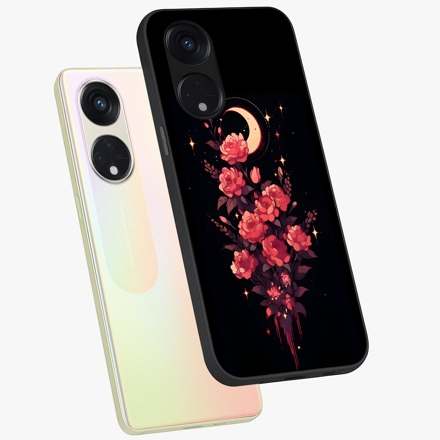 Moonlit Floral Elegance Glass Case displayed in angled mockup highlighting graceful flower design with soft moonlight aesthetic.