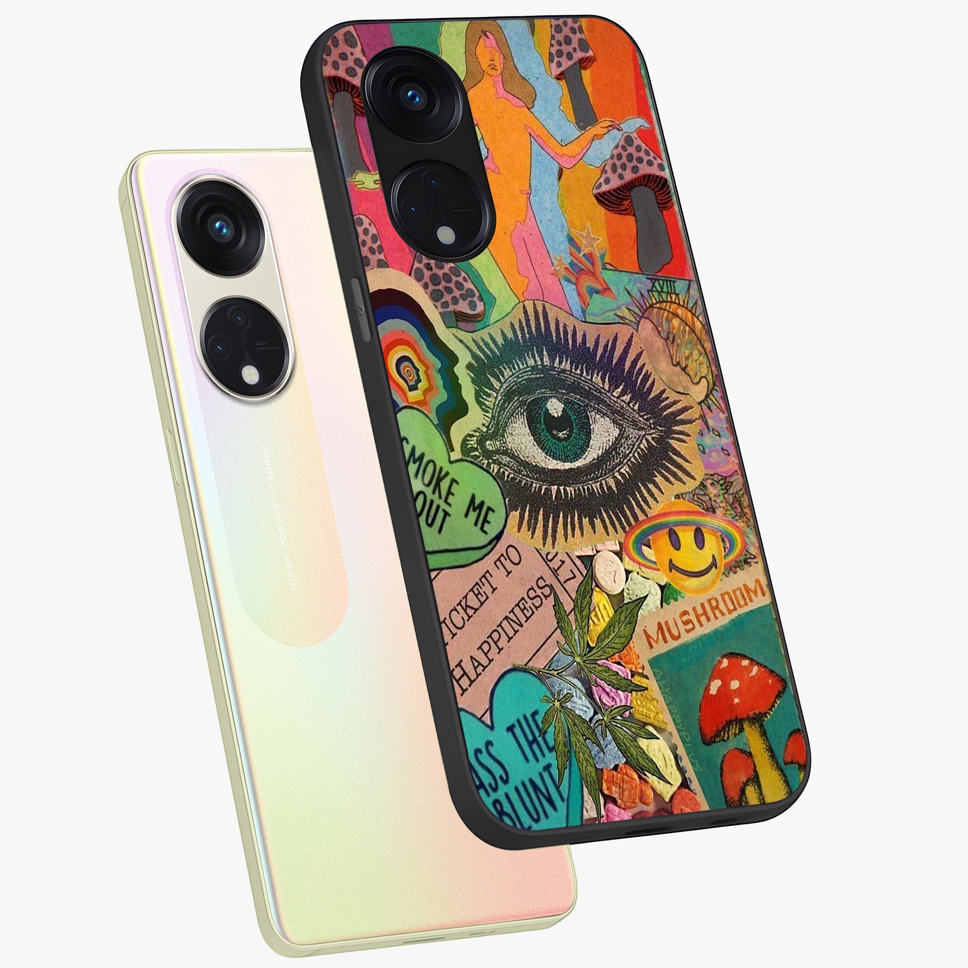 Mystic Eye Wonderland Glass Case displayed in angled mockup highlighting magical eye illustration with dreamy aesthetic.