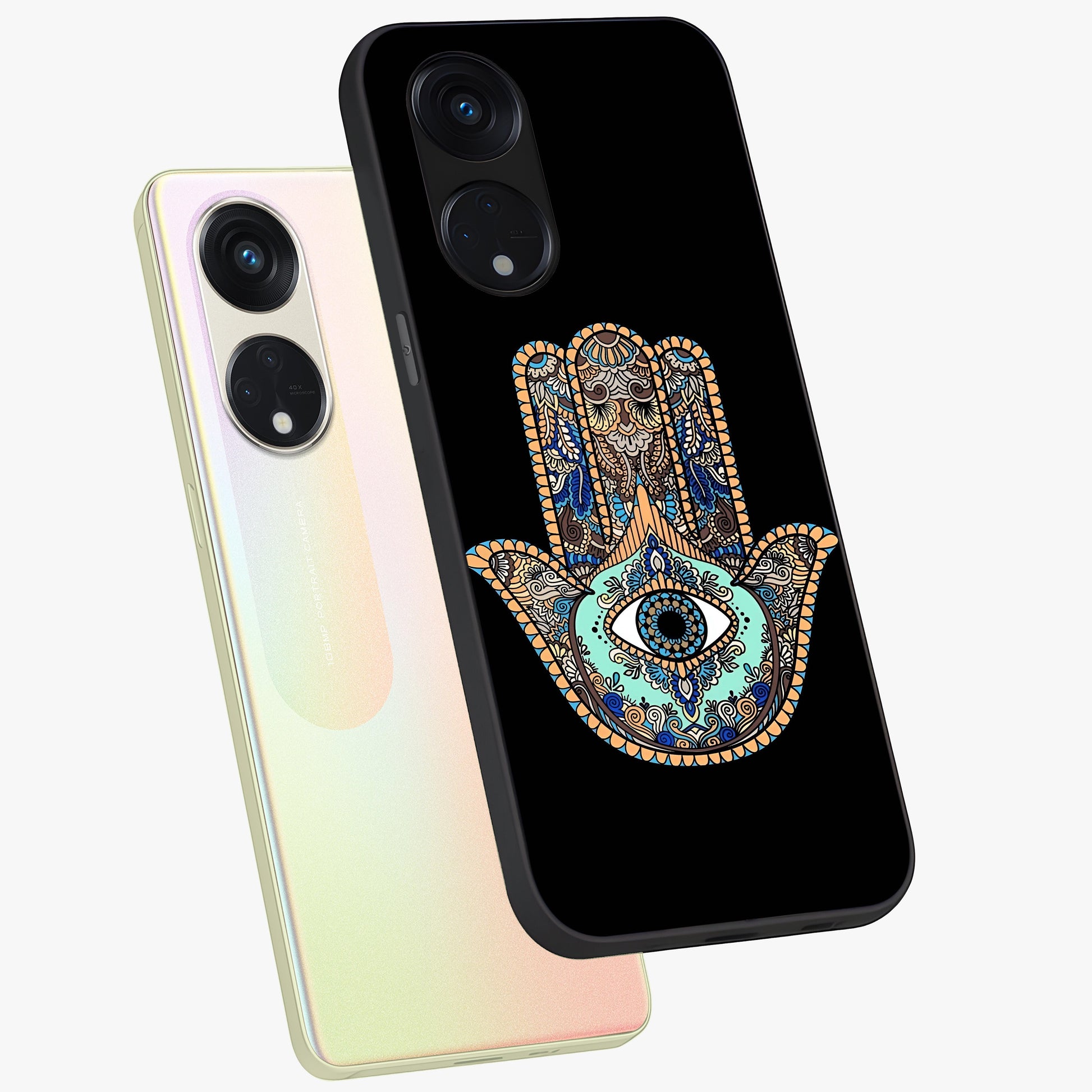 Mystic Hamsa Eye Glass Case displayed in angled mockup highlighting spiritual hamsa symbol with mystical aesthetic style.