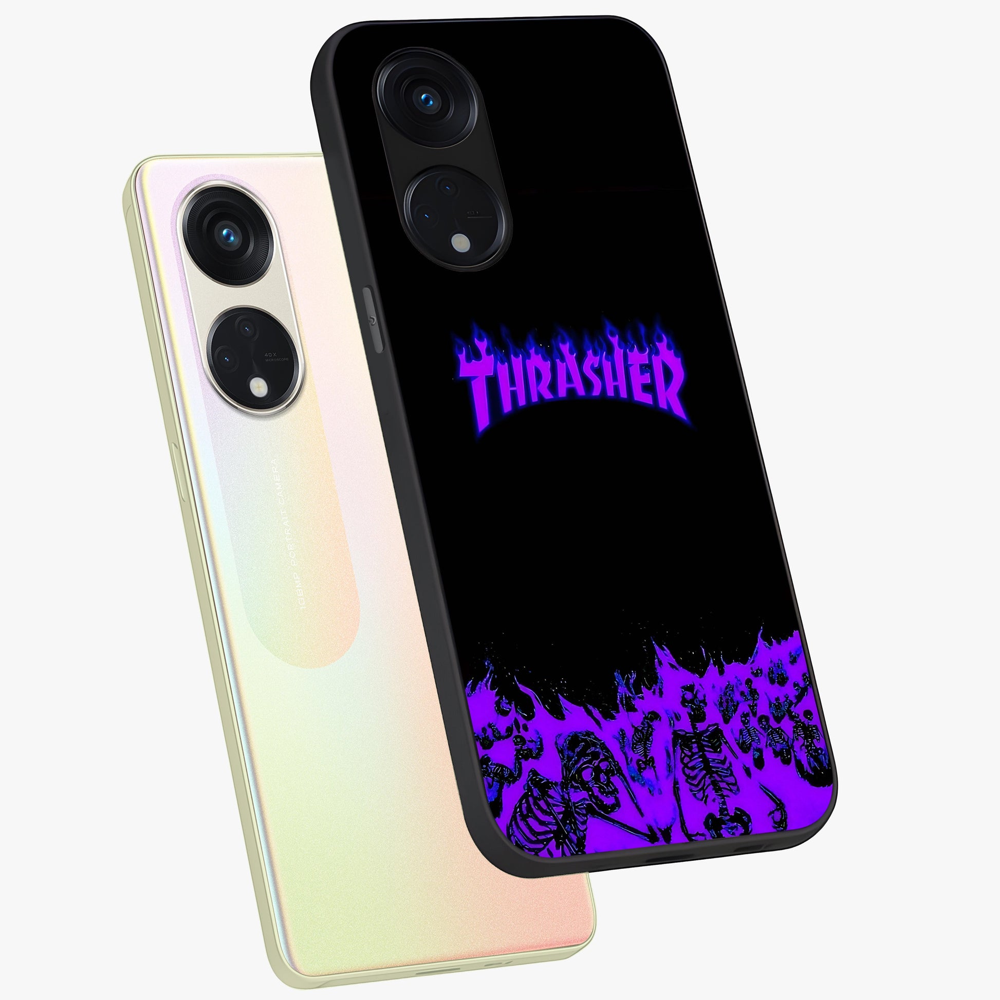 Neon Flame Riot Glass Case displayed in angled mockup highlighting glowing flame design with vibrant neon aesthetic.