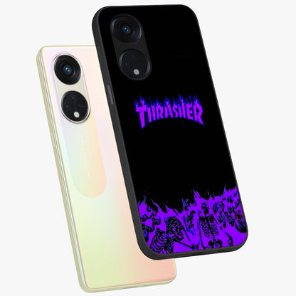 Neon Flame Riot Glass Case displayed in angled mockup highlighting glowing flame design with vibrant neon aesthetic.