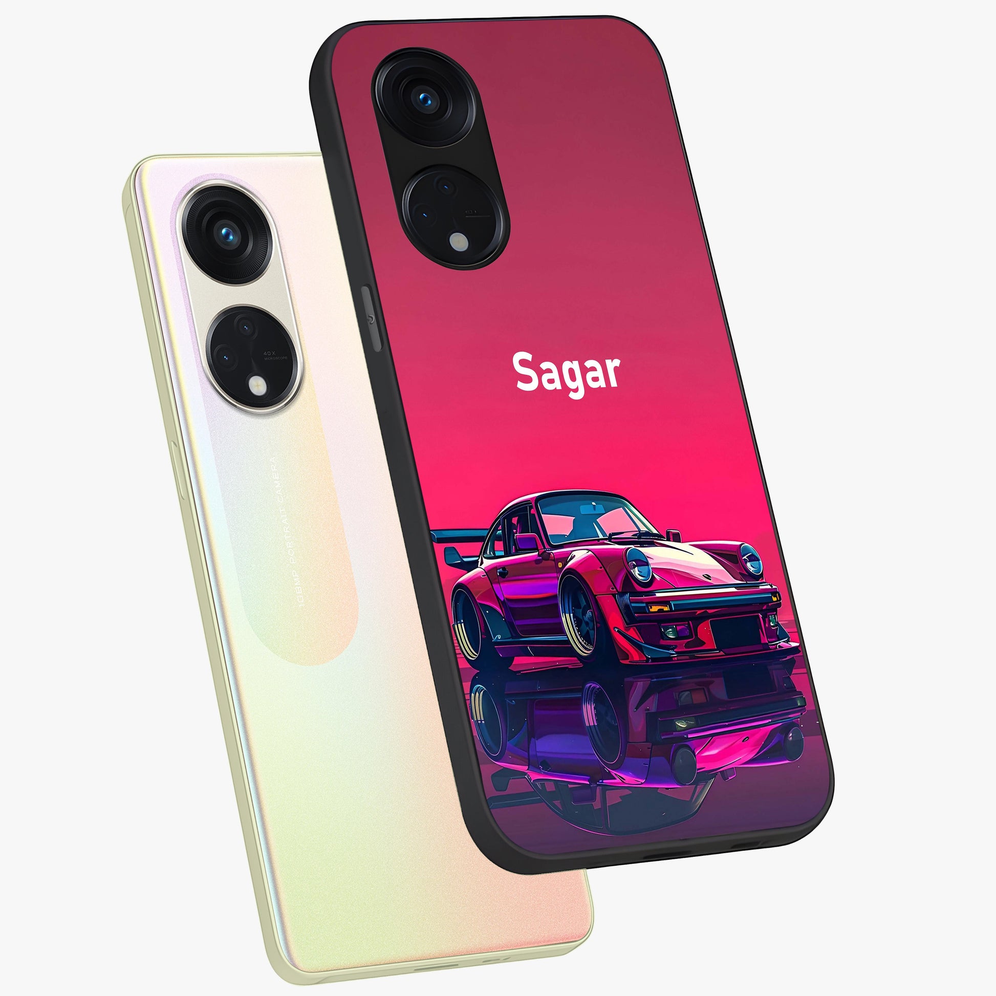 Neon Pink Porsche Glass Case displayed in angled mockup highlighting sleek neon pink car design with racing aesthetic.