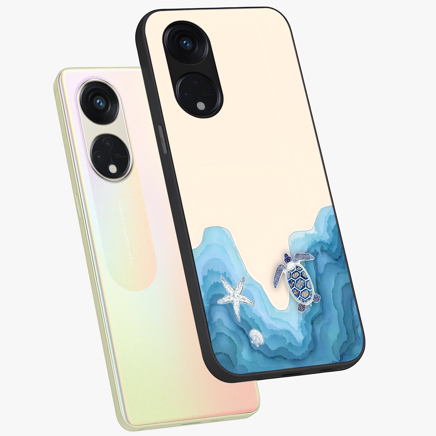 Ocean Drift Turtle Glass Case displayed in angled mockup highlighting peaceful ocean turtle illustration with marine aesthetic.