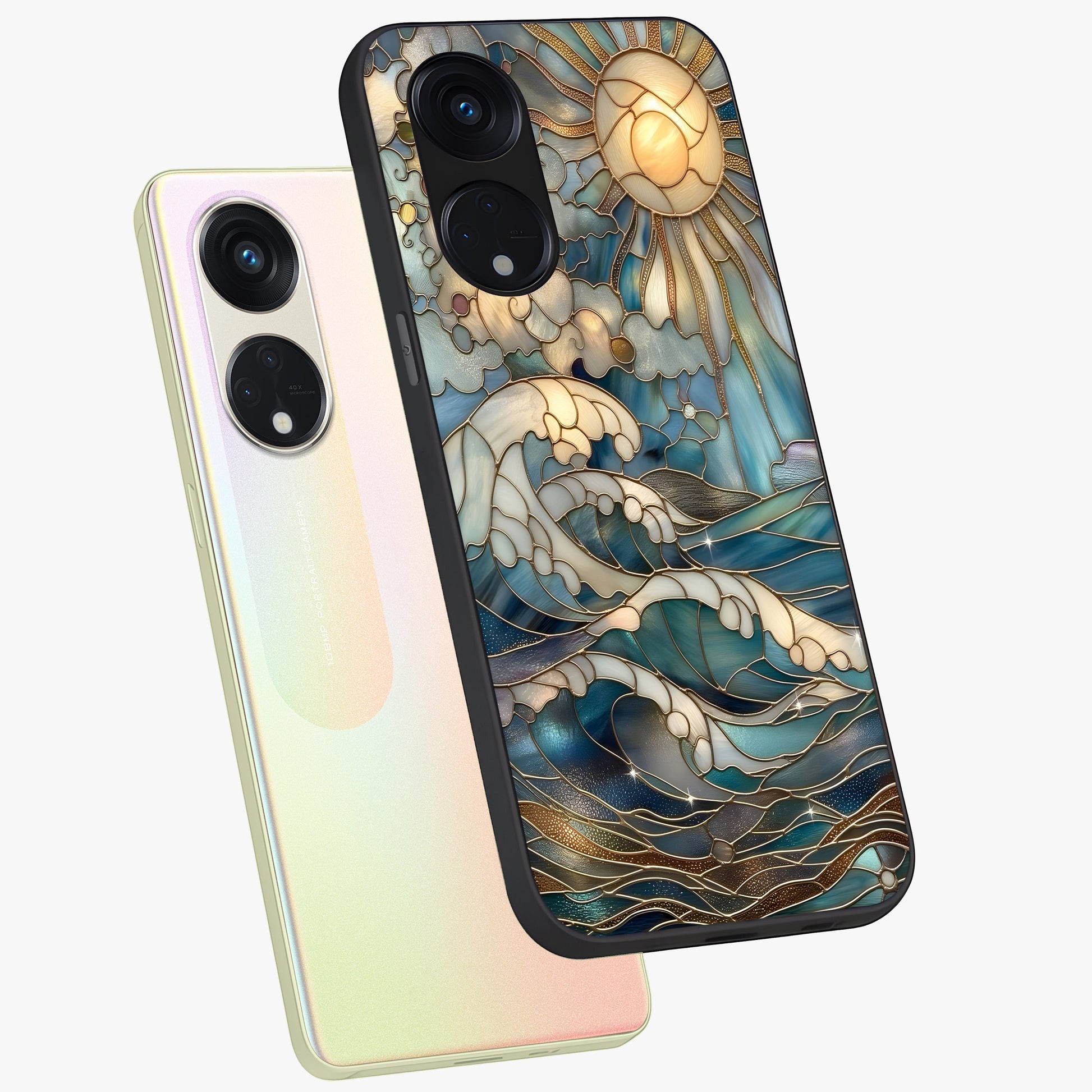 Oceanic Stained Printed Glass Case displayed in angled mockup highlighting colorful aquatic design with artistic aesthetic style.