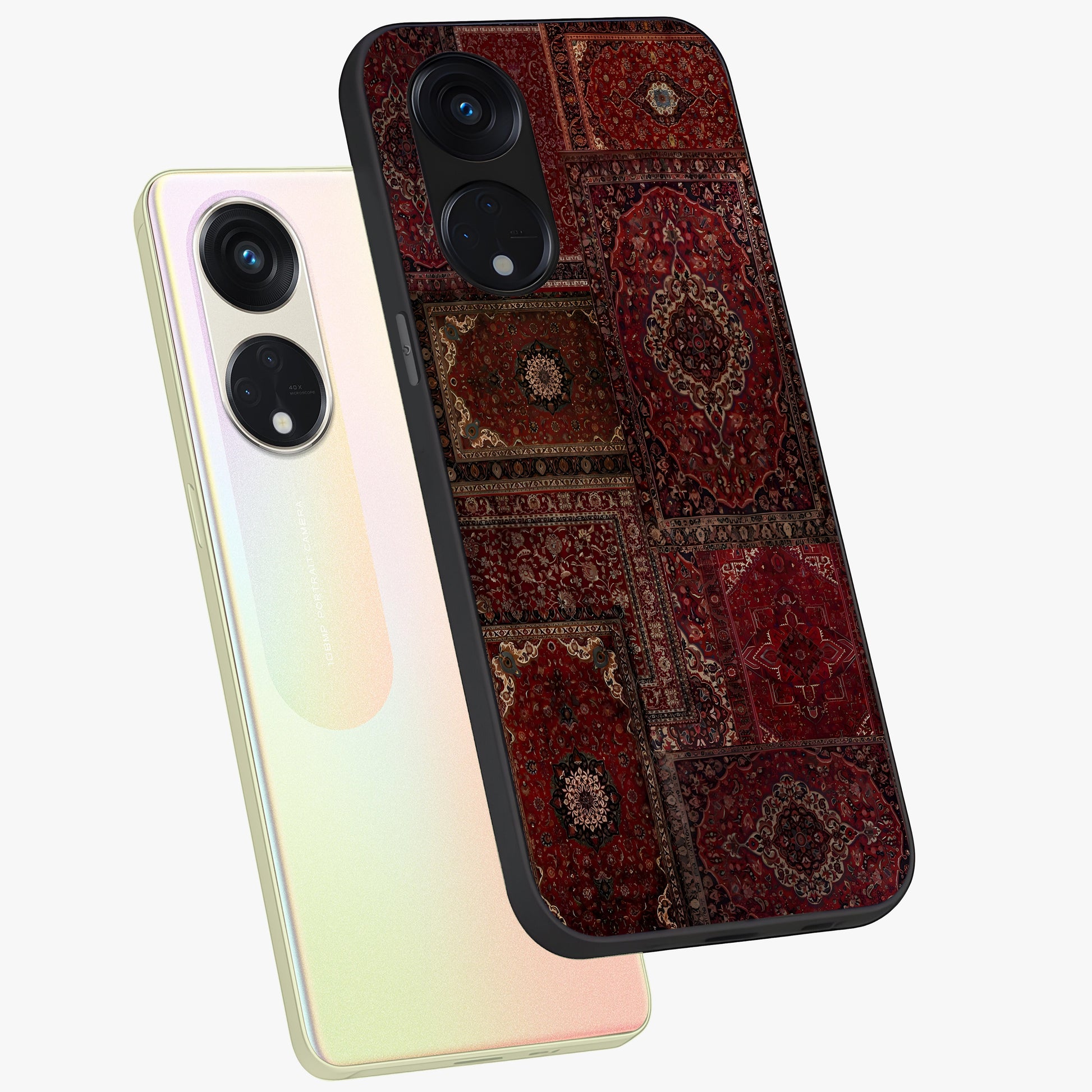 Persian Velvet Tale Glass Case displayed in angled mockup highlighting ornate textile inspired design with royal aesthetic.