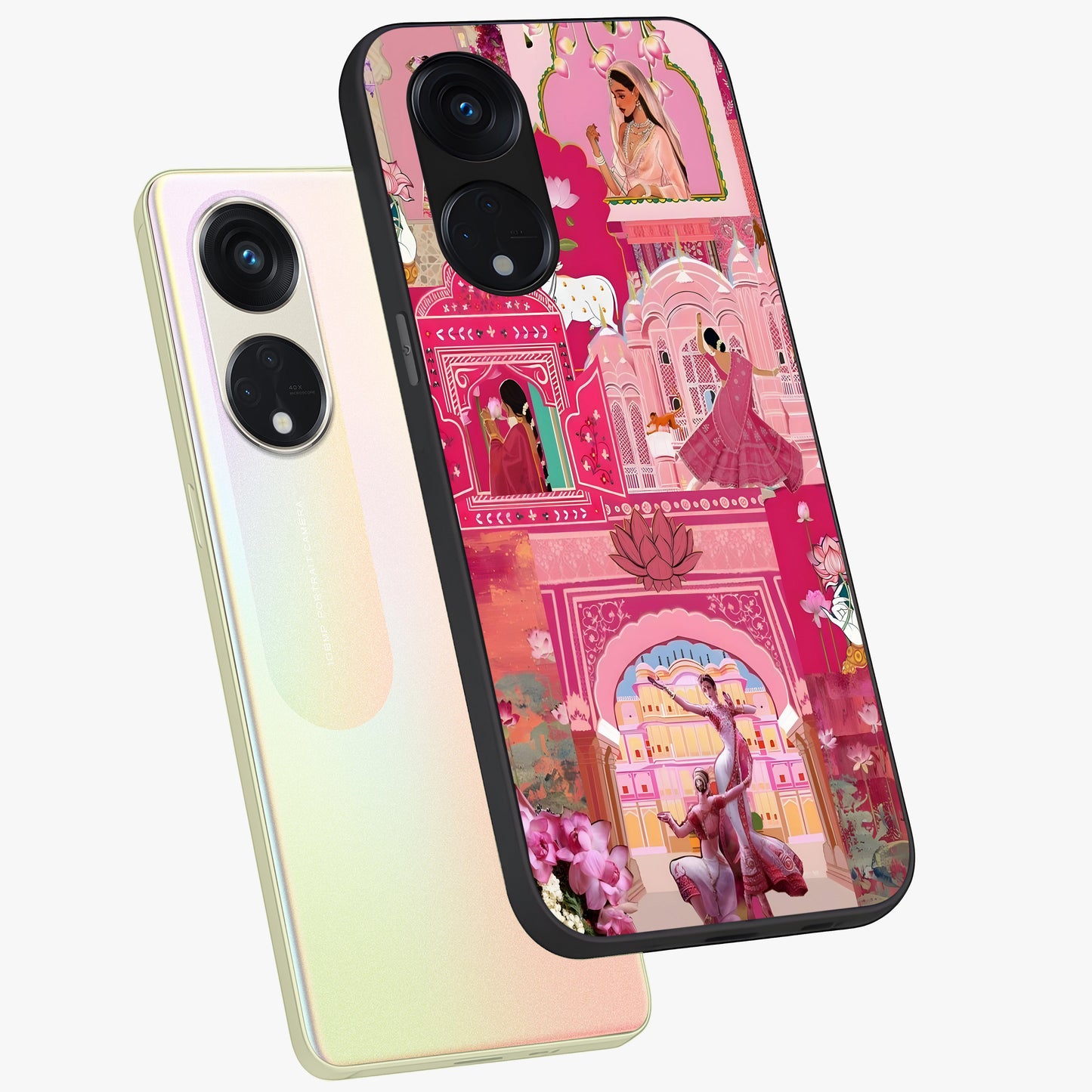 Pink Palace Muse Glass Case displayed in angled mockup highlighting dreamy palace illustration with soft pink aesthetic.