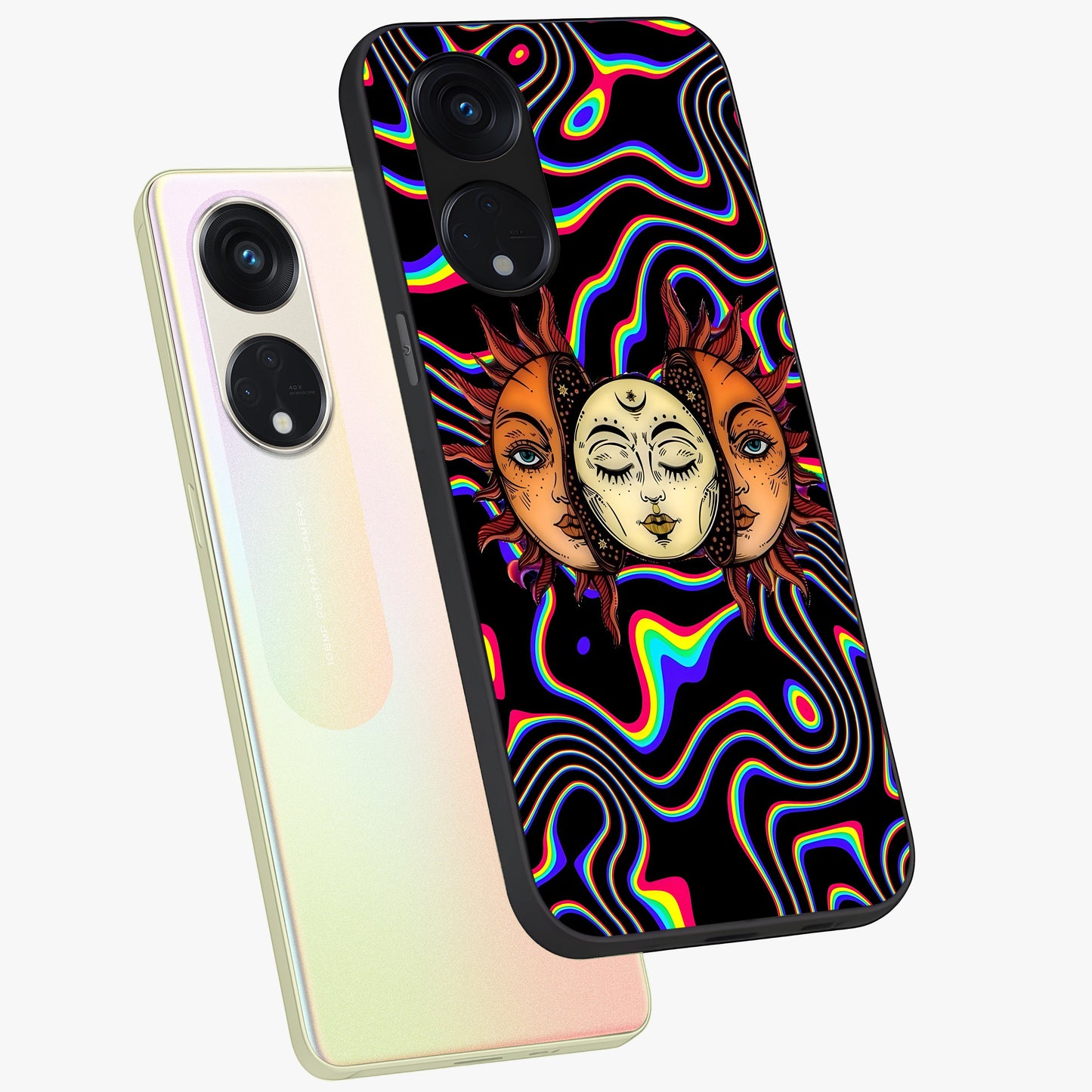 Psychedelic Sun Glass Case displayed in angled mockup highlighting vibrant abstract sun design with artistic aesthetic style.