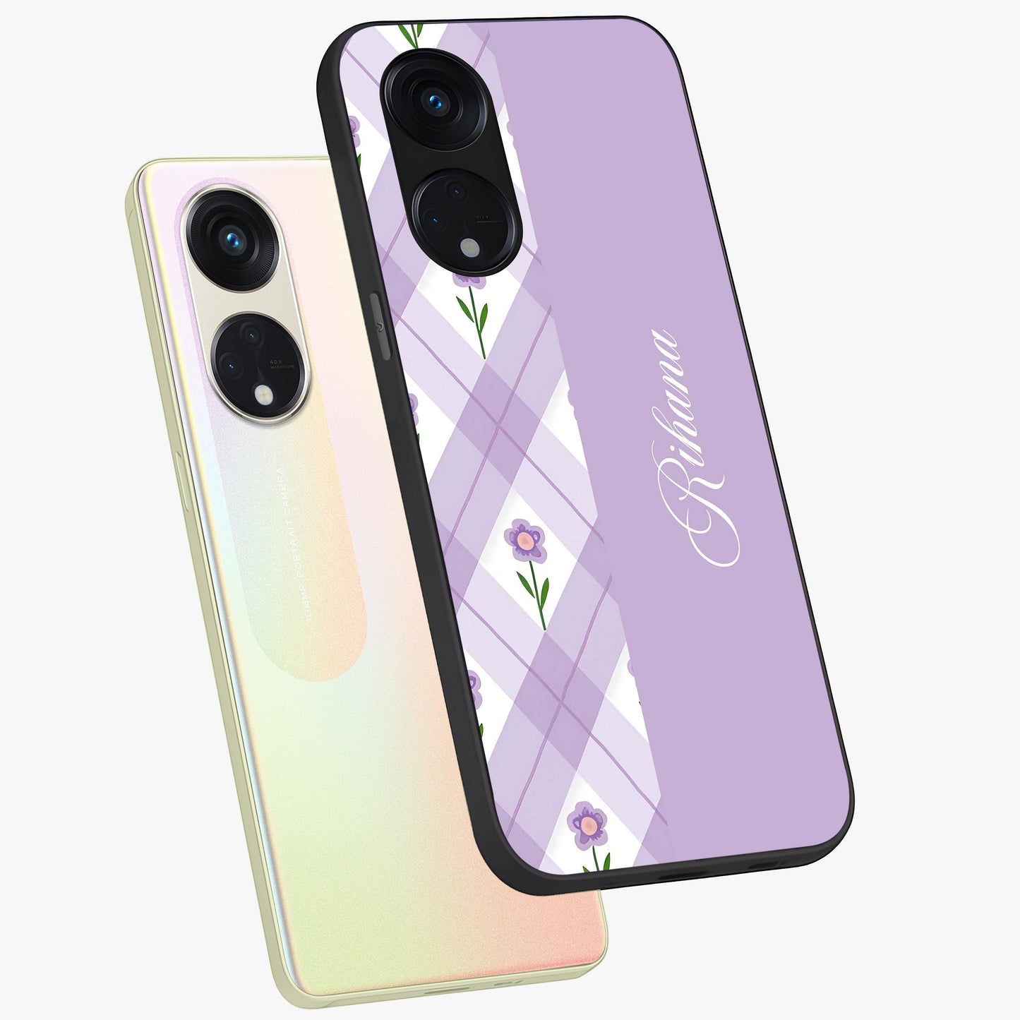 Purple Diamond Floral Glass Case displayed in angled mockup highlighting elegant purple flower design with decorative pattern.
