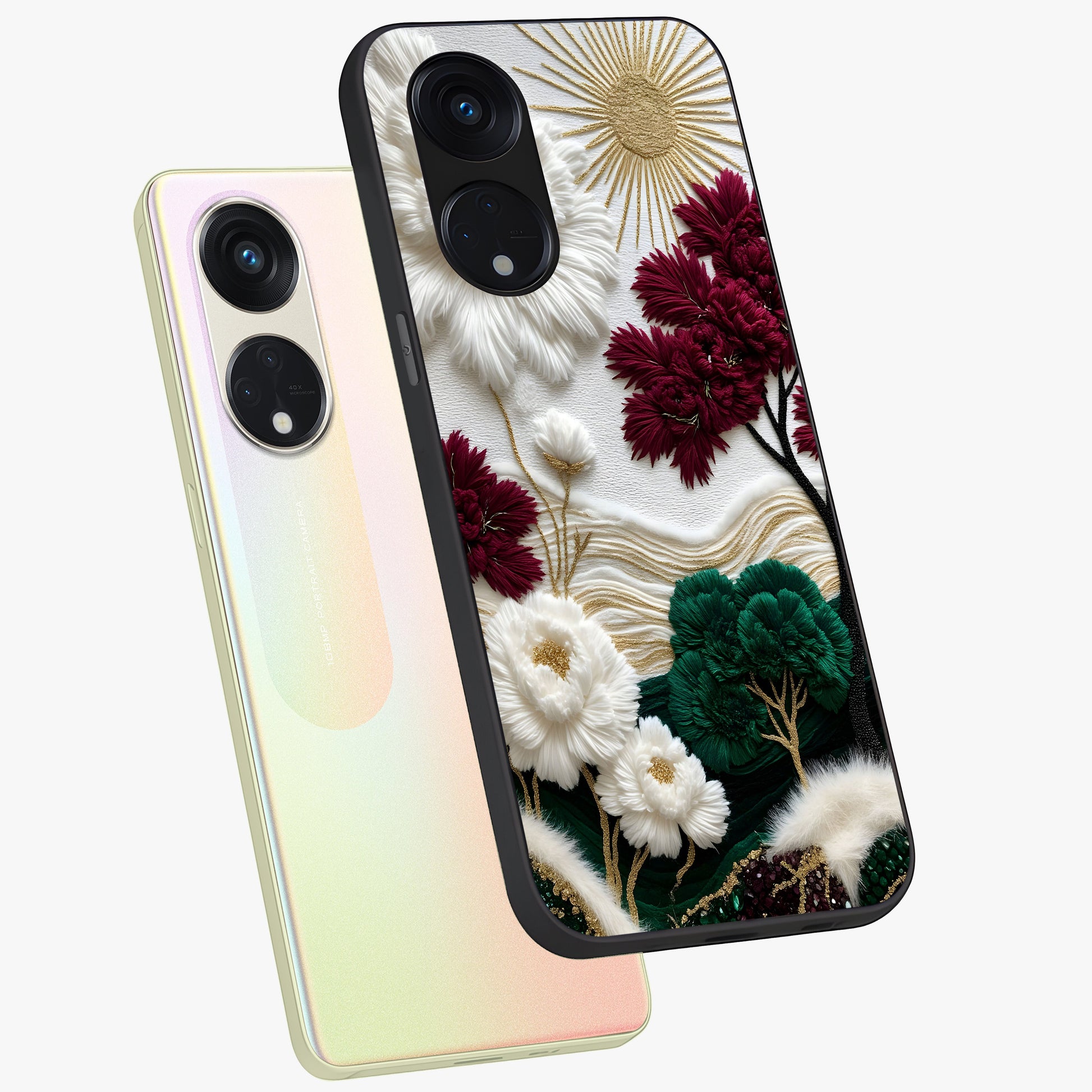 Radiant Bloom Elegance Glass Case displayed in angled mockup highlighting graceful floral design with radiant aesthetic style.