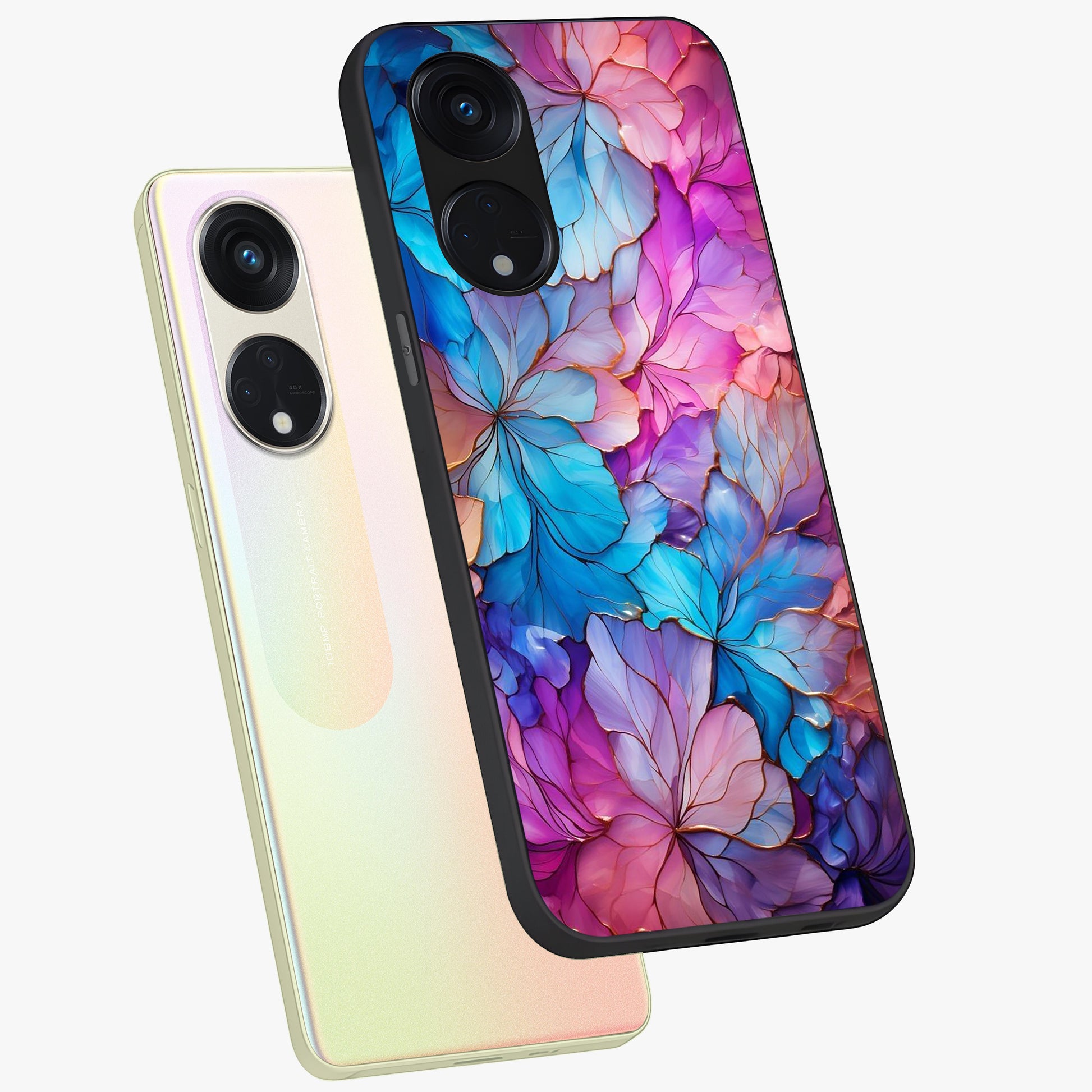 Radiant Floral Whirl Glass Case displayed in angled mockup highlighting vibrant flower pattern with dynamic artistic aesthetic.