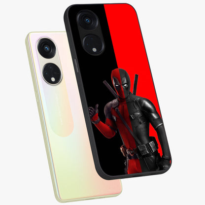 Red & Black Deadpool Theme Glass Case displayed in angled mockup highlighting vibrant superhero style illustration with action aesthetic.