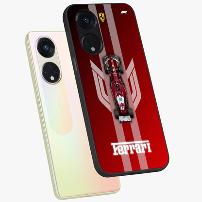 Red Ferrari F1 Vertical Glass Case displayed in angled mockup highlighting high speed racing design with bold automotive aesthetic.