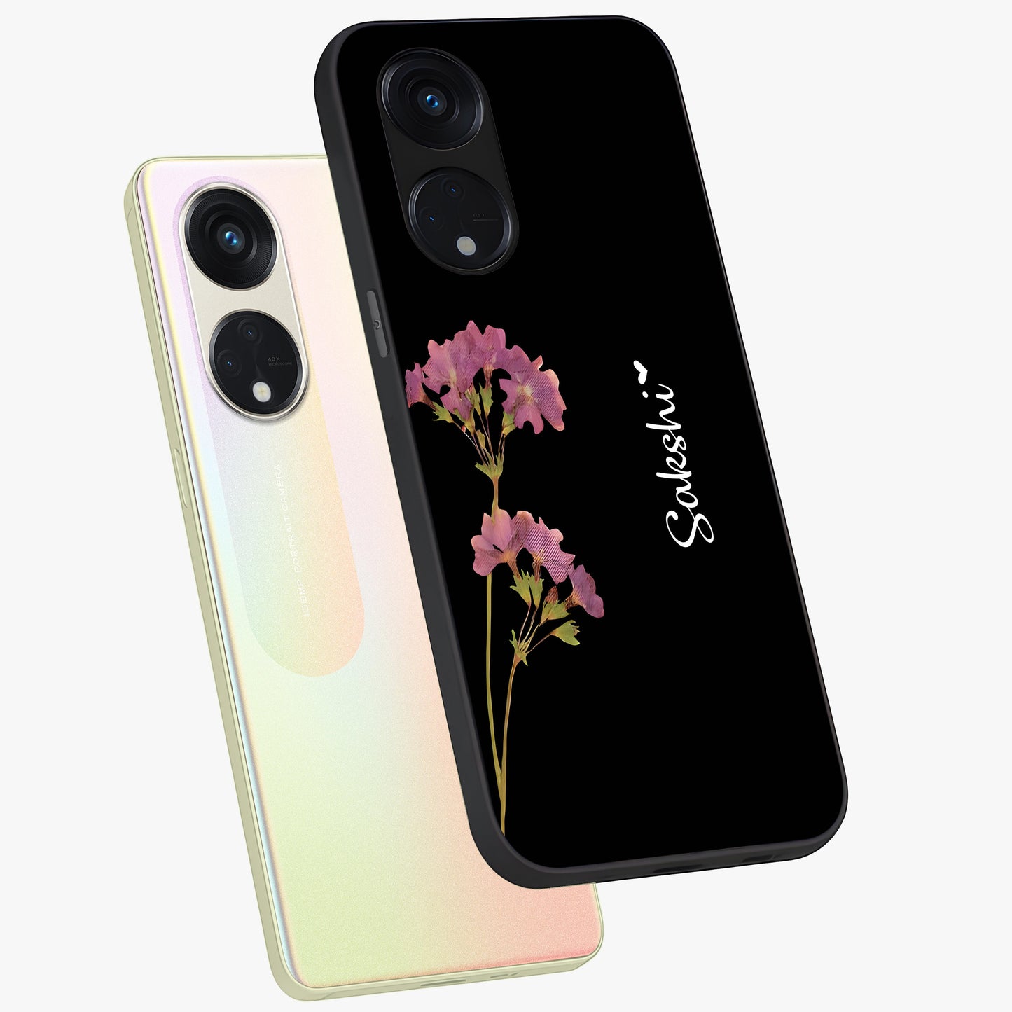Riching Lavender Flower Custom Name Glass Case displayed in angled mockup highlighting delicate lavender flower design with custom name feature.