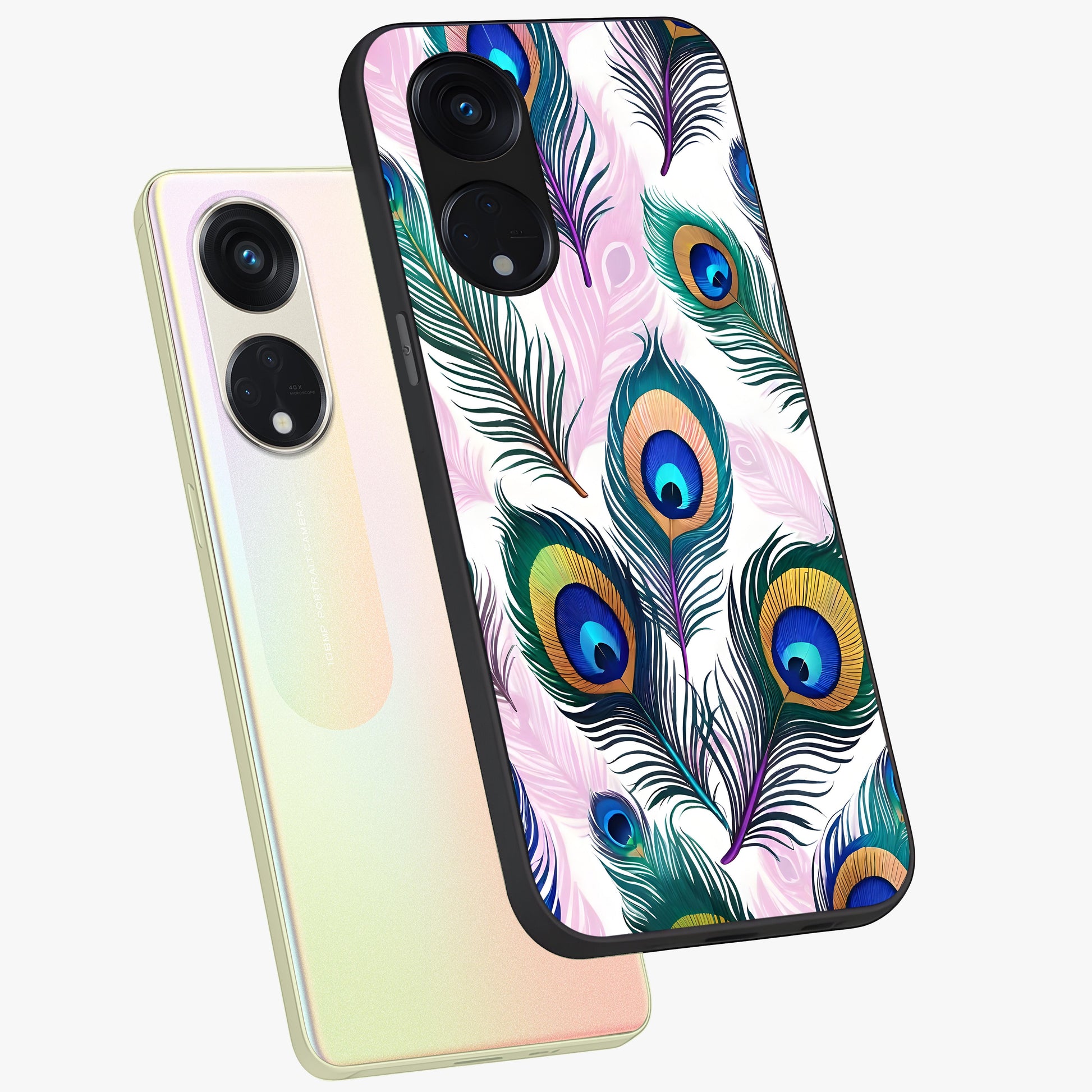 Royal Peacock Feathers Glass Case displayed in angled mockup highlighting vibrant feather pattern with regal aesthetic style.